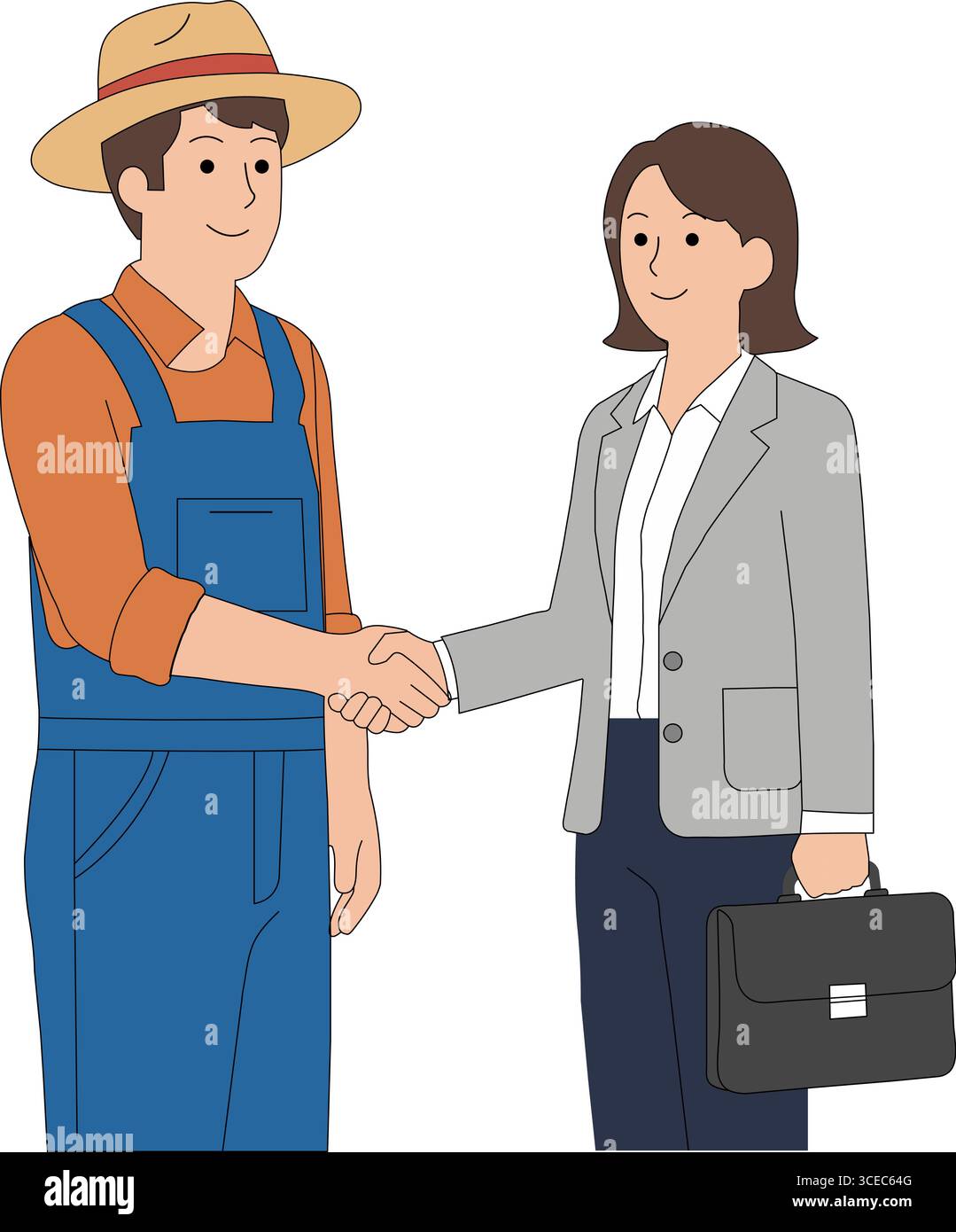 Ein Landwirt und ein Geschäftsmann schütteln die Hände und symbolisieren Zusammenarbeit, Partnerschaft und wechselseitiges Wachstum zwischen Landwirtschaft und Unternehmen. Stock Vektor