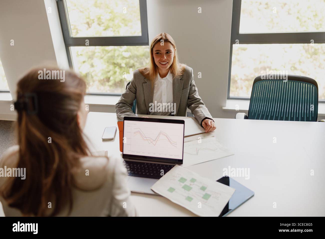 Ein professionelles Business Meeting mit Schwerpunkt auf Datenpräsentation und -Analyse für Strategie und Wachstum Stockfoto