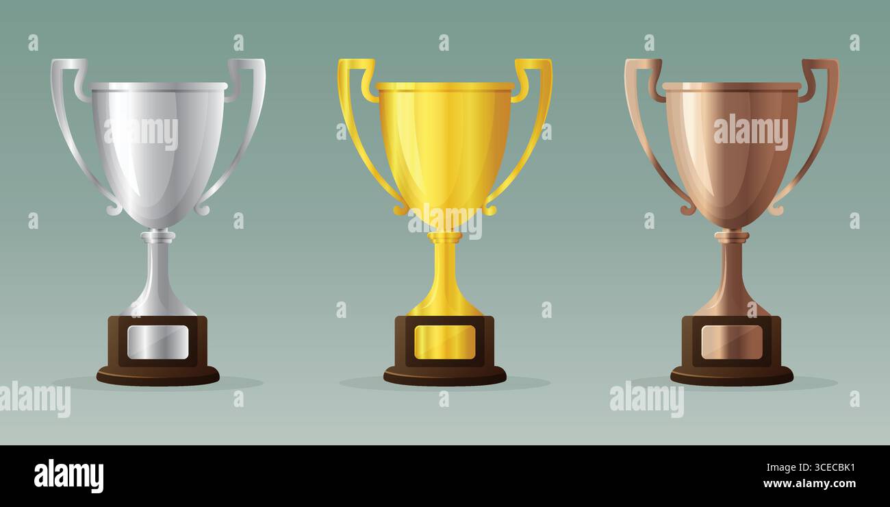 Gold Silber Bronze Trophäe Cups Vektor Illustration. Stock Vektor