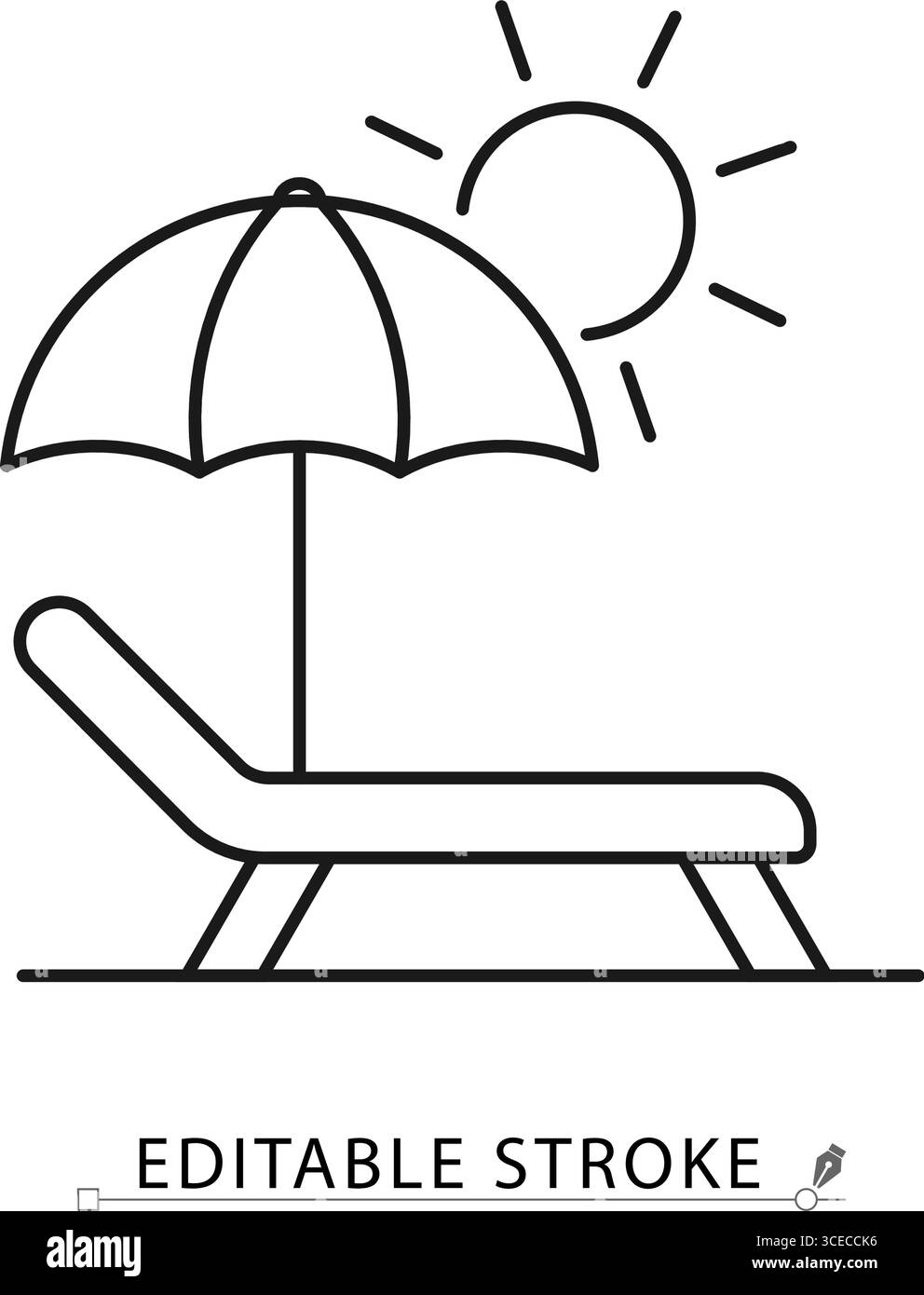 Minimalistische Sonnenliege mit Sonnenschirm und Sonnensymbol. Bearbeitbare Darstellung des Konturvektors. Konzept von Strandurlaub, Hotelservice, Sommerurlaub, Entspannung Stock Vektor