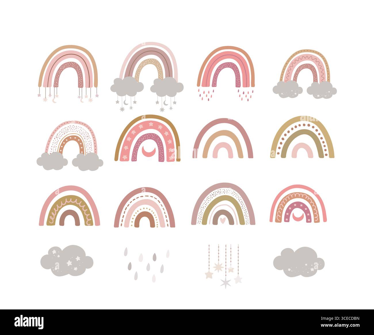 Flache Vektorgruppe von Boho Regenbogen und Wolke isoliert auf weißem Hintergrund. Kinderzimmer Baby skandinavische Dekoration. Handgezeichnete Farbbogenkollektion. Cartoo Stock Vektor