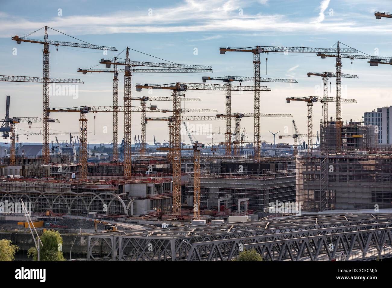 Bau von Kränen auf der Großbaustelle für das Überseezentrum in der Hamburger Hafencity Stockfoto