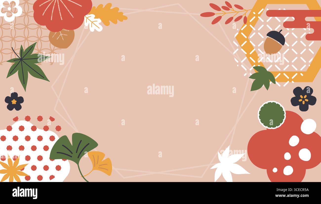 Japanischer Herbsthintergrund. Traditioneller asiatischer Stil mit dekorativen fallenden Blättern und eleganter Rahmenschablone für die Herbstsaison. Vektor Stock Vektor