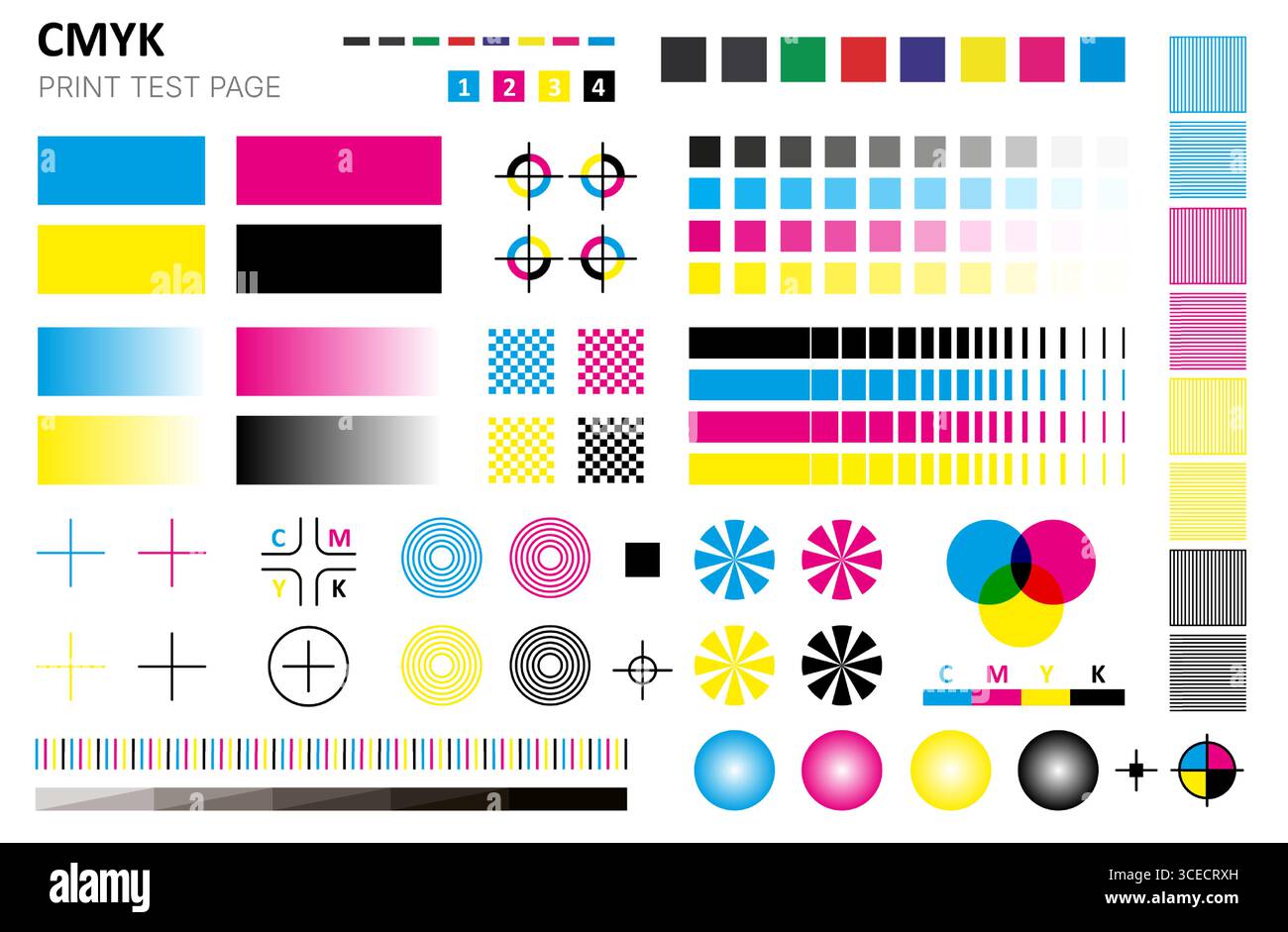 CMYK-Testdruck. Farbkalibrierungsdiagramm für Cyan Magenta Gelb Schwarz, Farbmuster für Grafikdesigner-Palette, CMYK-Drucksteuerungstabelle. Vektor Stock Vektor