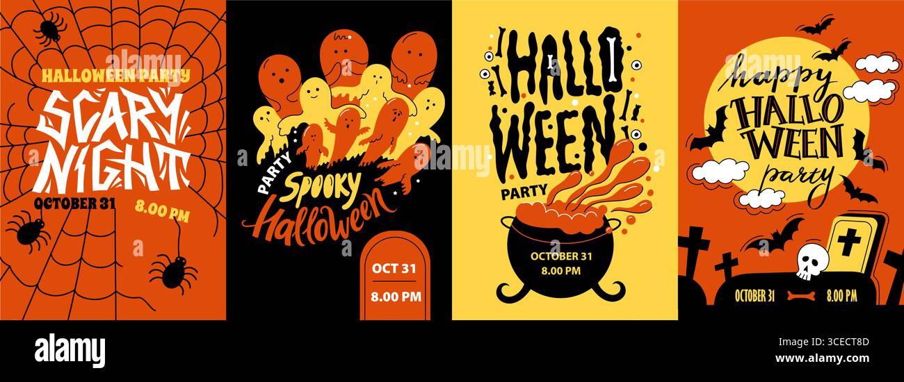 Halloween-Party-Poster. Gruseliger Flieger, gruseliger Hintergrund für Einladungskarte, Horror-Nacht-Feier mit Kürbisfledermäusen und Mond. Vektor Stock Vektor