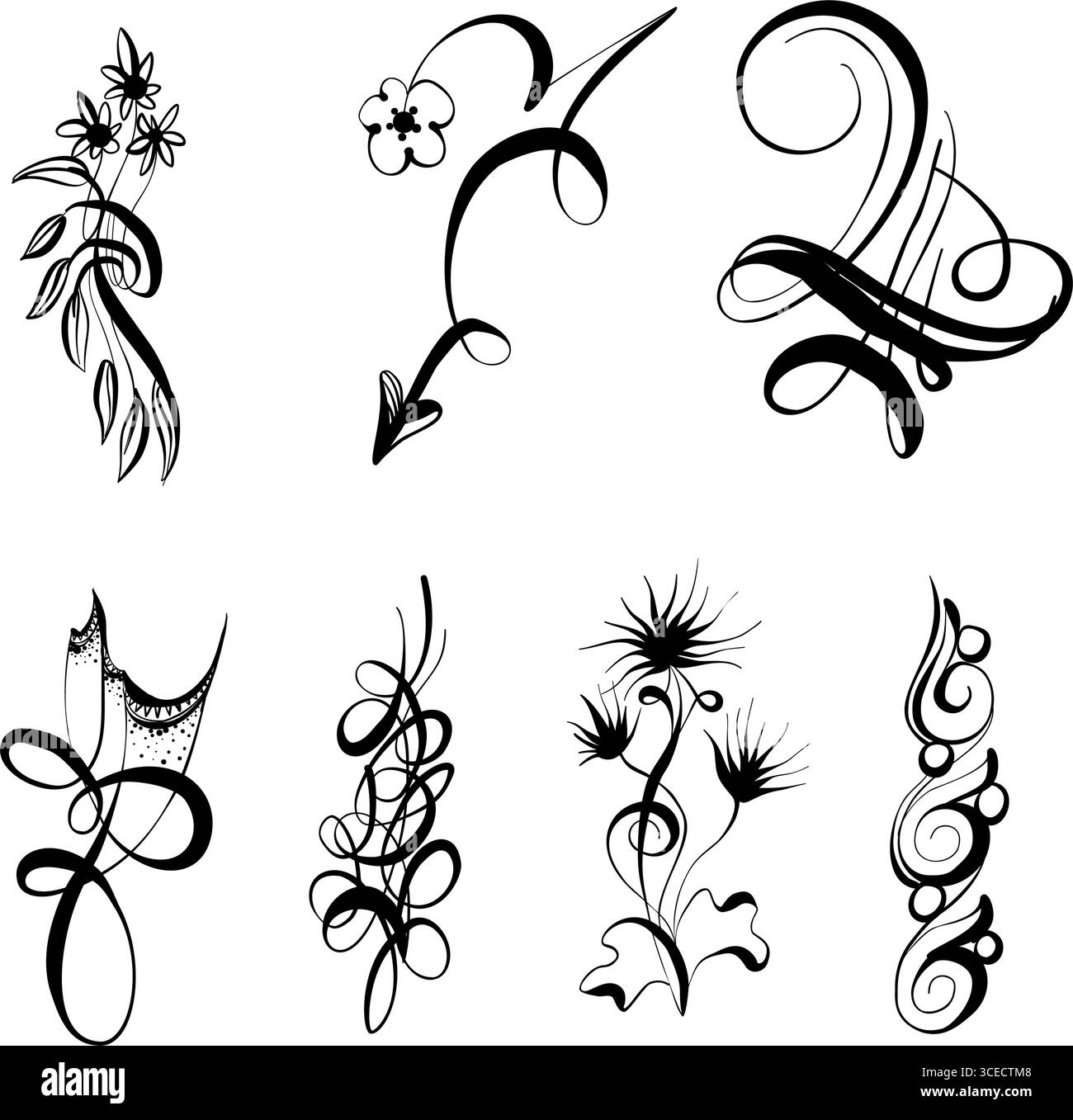 Elegant Dynamic Floral Tattoo Set: Abstrakte Formen in Bewegung, ausdrucksstarke Kalligraphie und minimalistische Pinselstriche. Mit Elegantem, Verlängertem Figu Stock Vektor