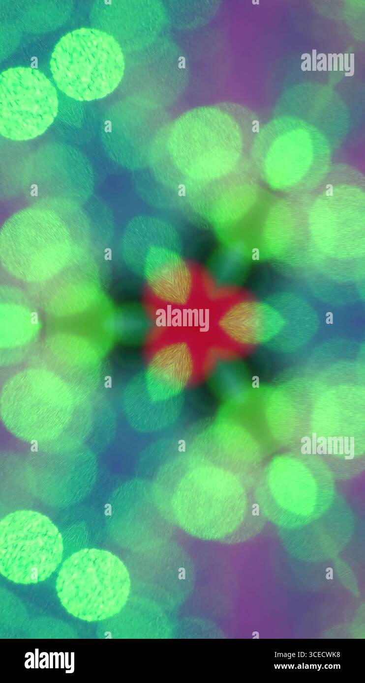 Ein lebendiges kaleidoskopisches Bild mit geometrischen Mustern und leuchtendem Grün. Dieses abstrakte digitale Kunstwerk schafft eine psychedelische Zukunft Stockfoto