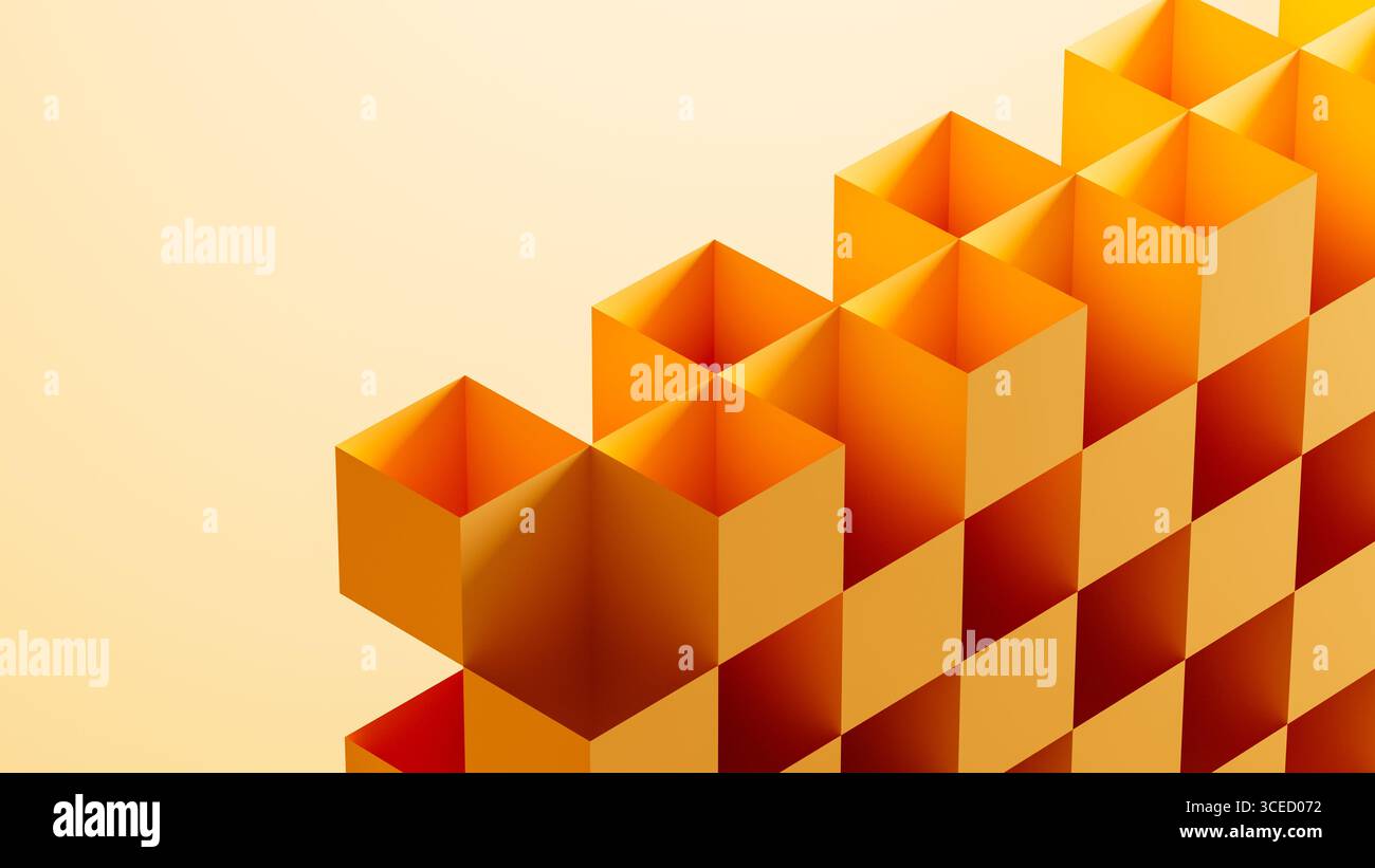Diese Grafik zeigt ein Arrangement von 3D-Würfeln in hellen Orangetönen, die eine abstrakte Komposition vor einem nahtlosen Hintergrund bilden. Stockfoto