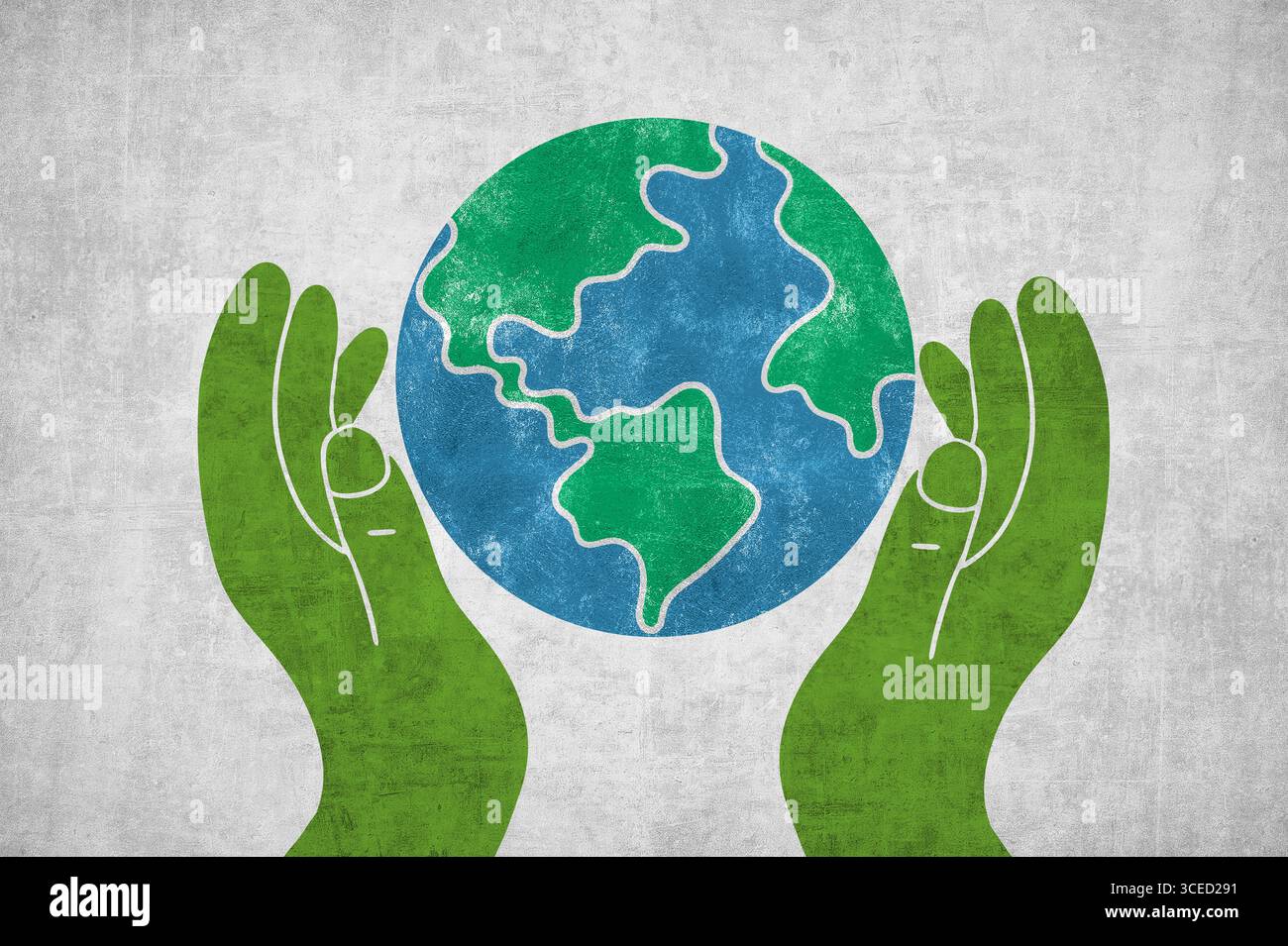 Grüne Hände wiegen sanft die Erde und symbolisieren Einheit und Umweltschutz. Der strukturierte Hintergrund verstärkt diese generative KI-Illustration, hochgradig Stockfoto