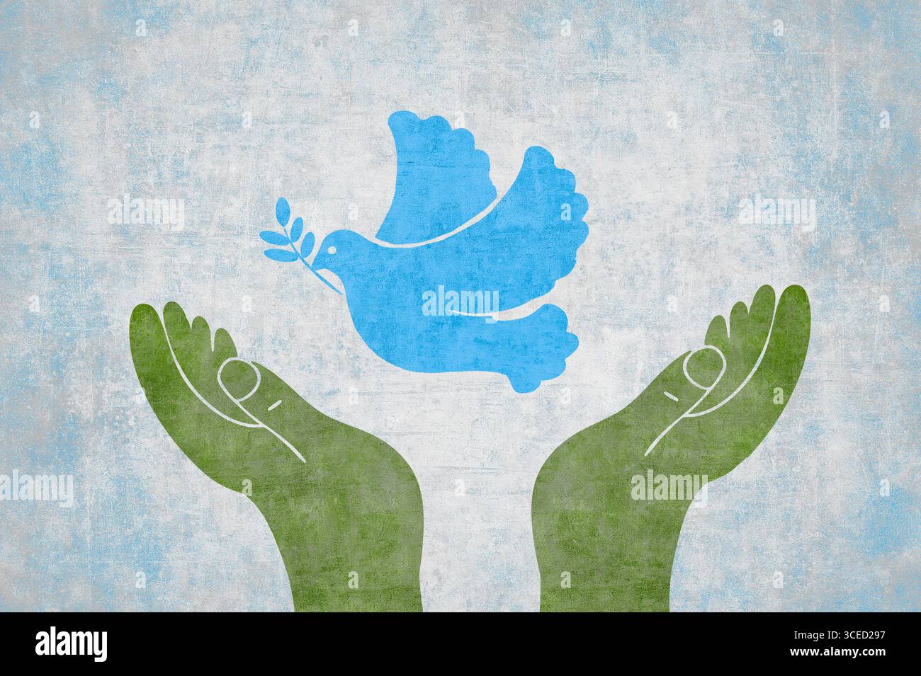Grüne Hände heben eine blaue Taube auf und symbolisieren Frieden, Hoffnung und Verbindung. Der strukturierte Hintergrund verleiht Tiefe, betont harmonische Interaktion und Uni Stockfoto