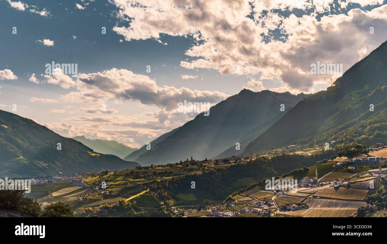 Blick auf Dorf Tirol in Italien am späten Nachmittag mit Apfelplanken und Weinbergen Stockfoto