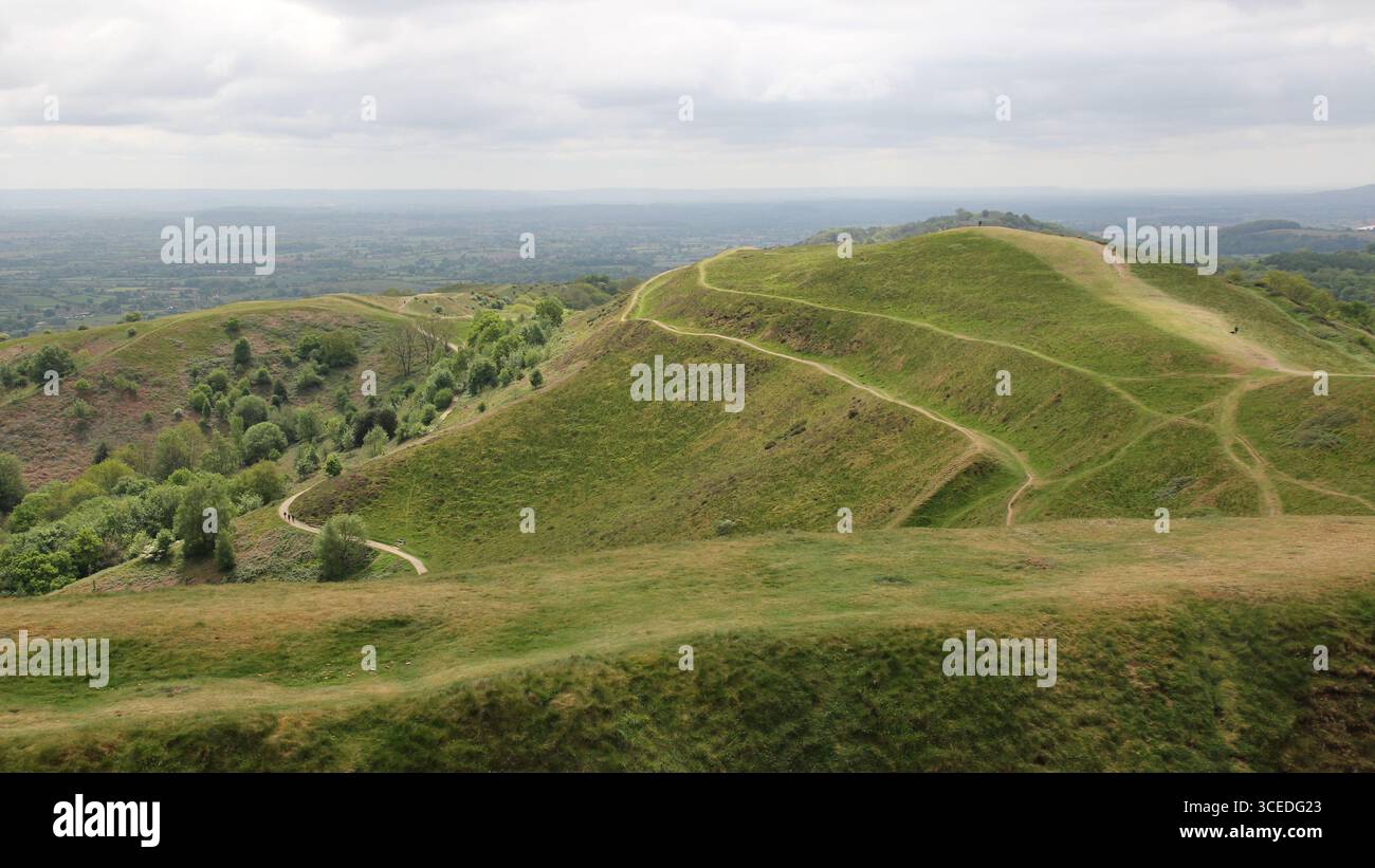 Blick über die Malvern Hills, eine Gegend von herausragender Naturschönheit Stockfoto