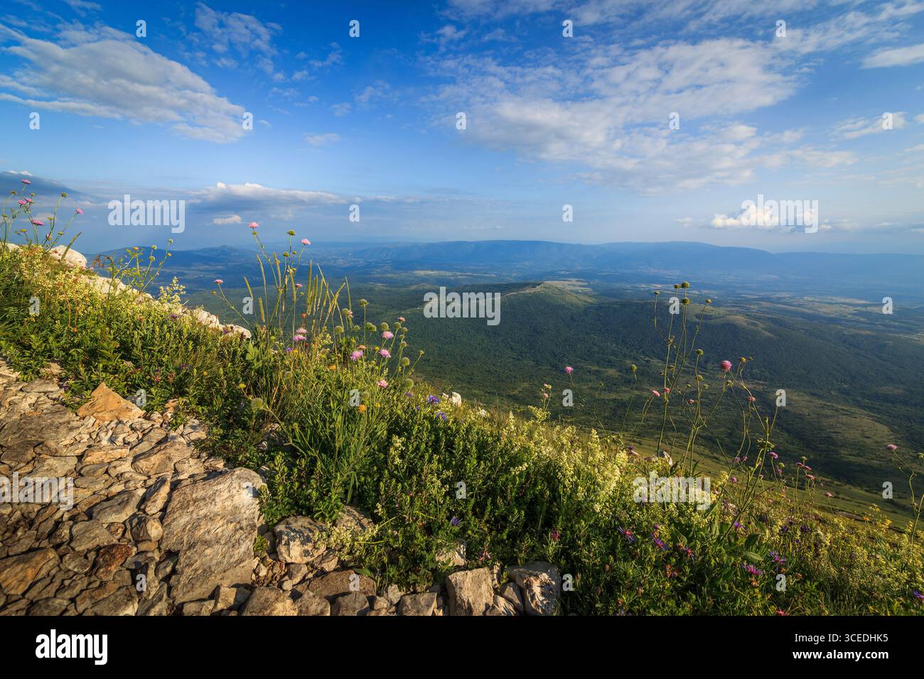 Malerische Aussicht vom Wanderweg zum Rtanj-Berg mit üppigem Grün und dramatischem Himmel. Stockfoto