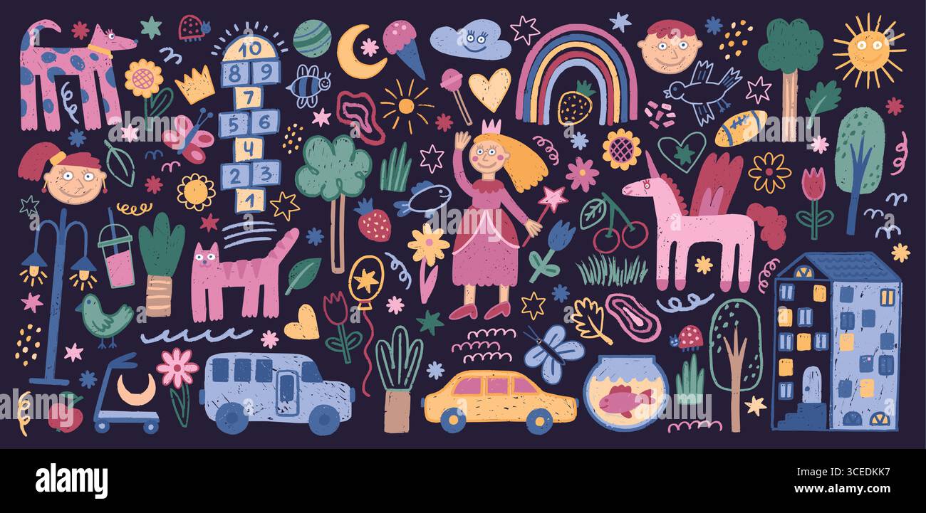 Niedliche Elemente für Kinder. Farbiges Scribble-Muster, Linie Wolkenblume, Herz und Regenbogen. Glücklicher Stern, Süßigkeiten-Skizzen-Design. Glückliche Prinzessin und Einhorn, lustige Autos, kindlicher Hintergrund. Handgezeichnete Vektorsymbole Stock Vektor