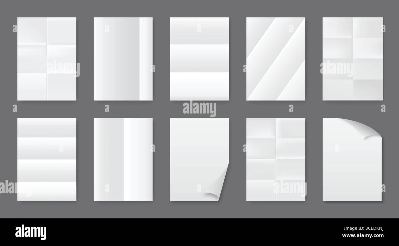Papier faltet sich. Faltblatt-Modell. A4 Buchseite falten oder leere Notiz mit Schatten. Saubere weiße Werbekarte. Zerknittertes Notizbuch. Postbogen umdrehen. Curl Eck. Gefaltete Oberfläche. Vektorposter Set Stock Vektor