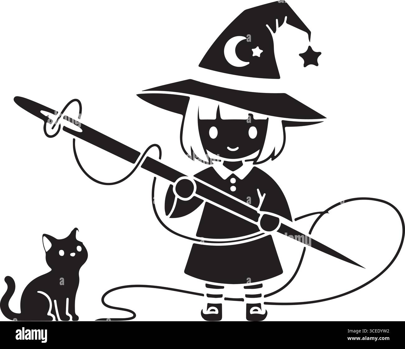 Nähhexe und Schwarze Katze Kunst Hexenhandwerk & Hobby Stock Vektor