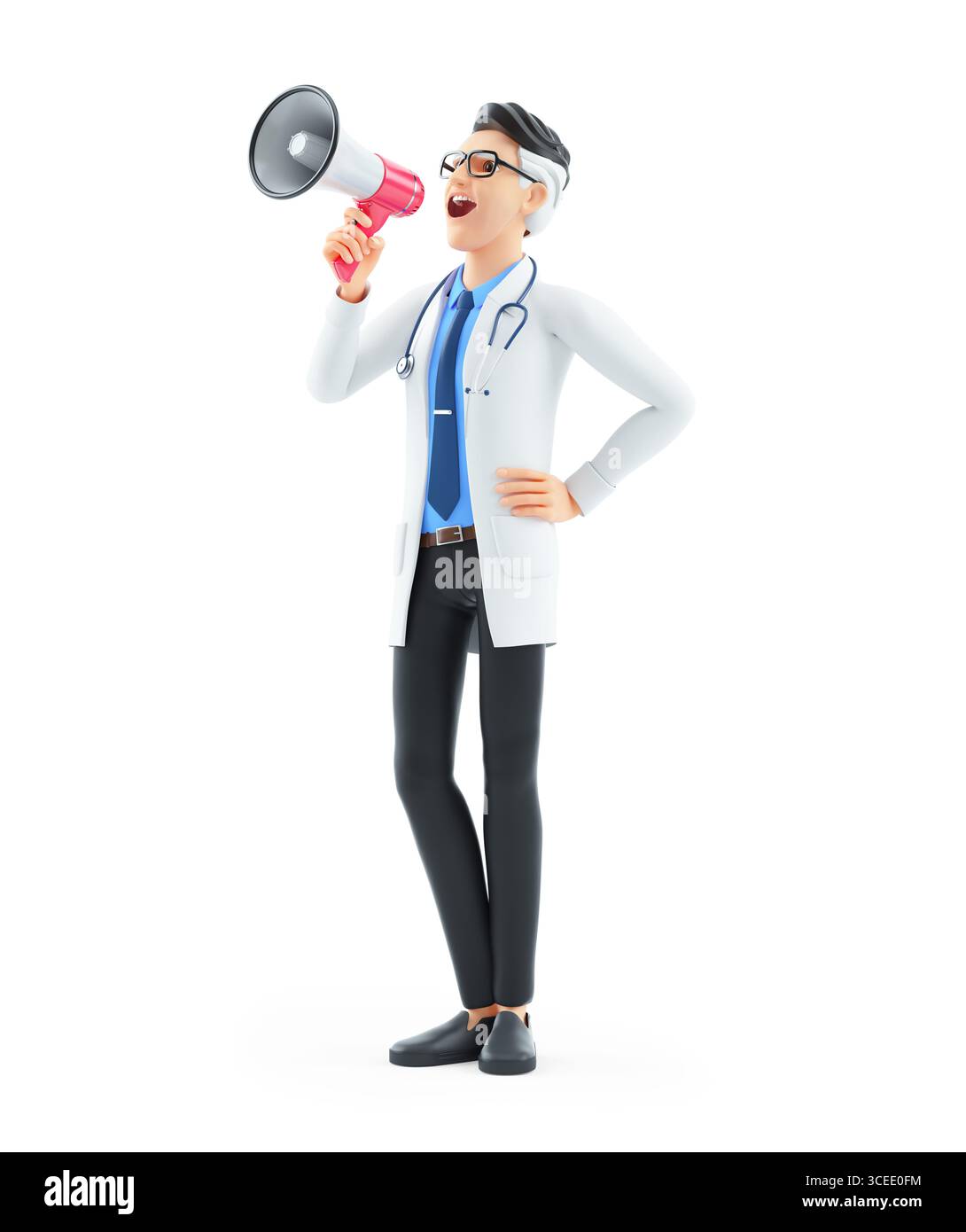3D-Cartoon-Doktor, der eine Ankündigung mit Megaphon macht, Illustration isoliert auf weißem Hintergrund Stockfoto
