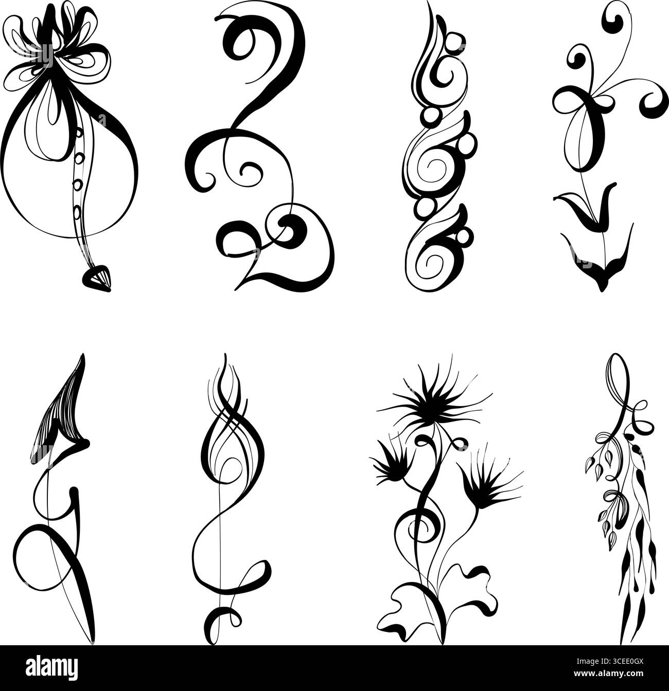 Tattoo Design Set: Abstrakte Bewegungsblumen mit ausdrucksstarker Kalligraphie, elegante Figuren, minimalistische Pinselstriche, spiralförmige Gruppen, verlängerte Formen Stock Vektor