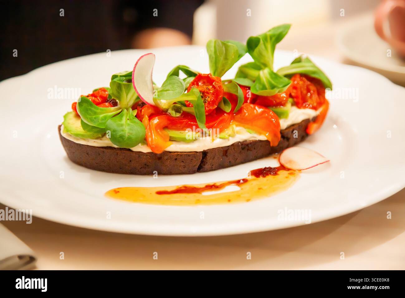 Ein lebhaftes Sandwich mit offenem Gesicht zeigt eine Basis aus dunklem Brot mit cremigem Aufstrich, farbenfrohen Paprika, Tomaten und frischem Gemüse. Wir genossen es in einem Coz Stockfoto