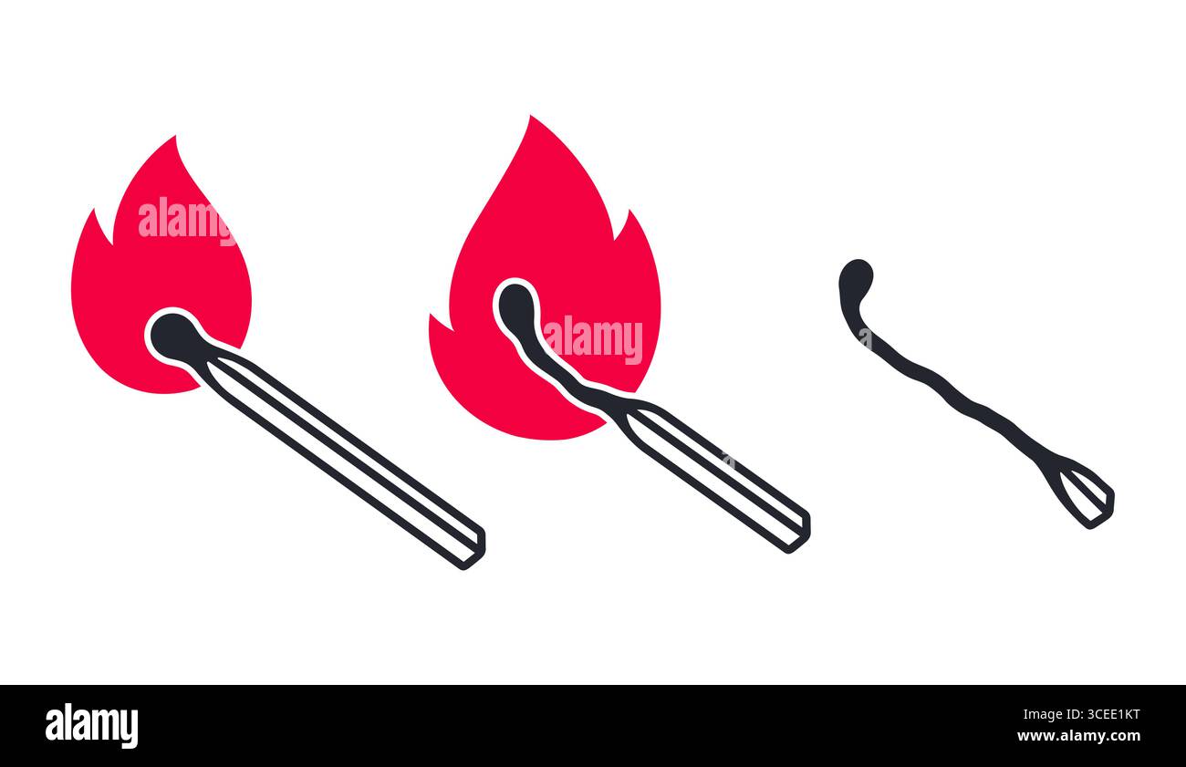 Brennende und verbrannte Streichholzvektor-Illustration Set. Passt zu und feuert, einfaches Symbol oder Logo in fettgedruckten Farben. Stock Vektor
