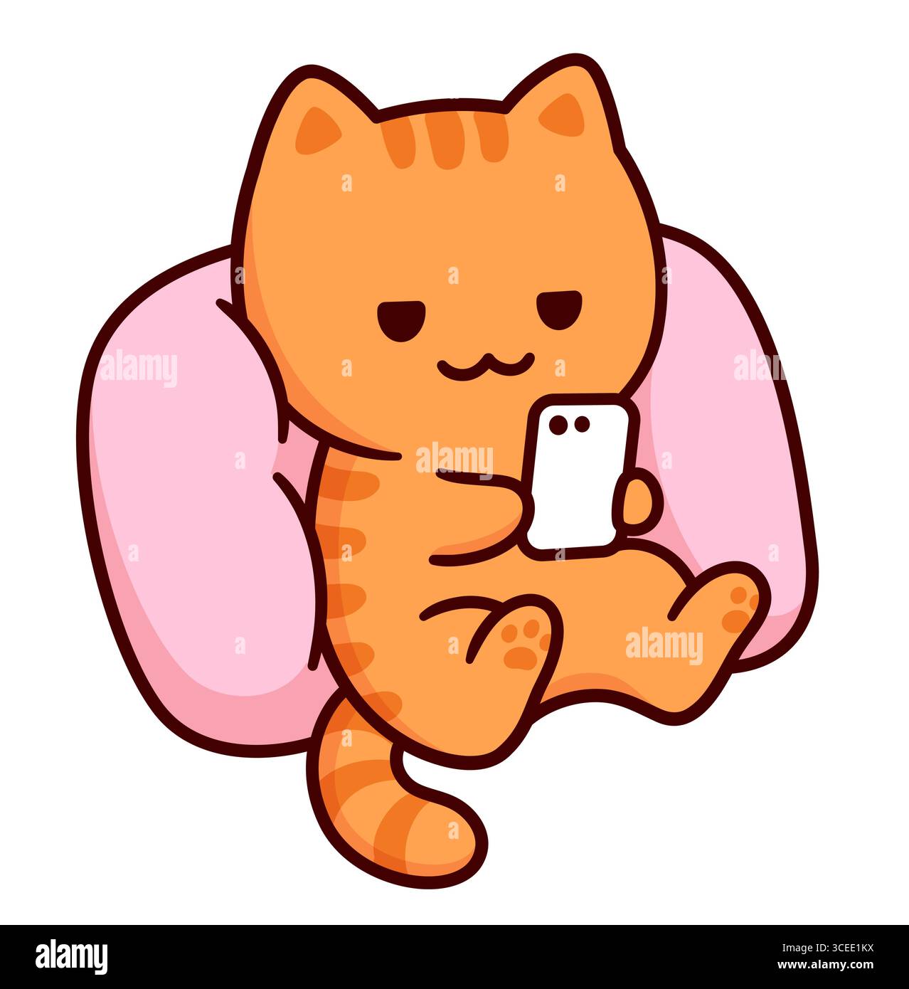Niedliche Zeichentrickkatzenfigur, die auf Kissen mit Telefon ruht. Textnachrichten, über das Internet oder in sozialen Medien scrollen. Lustige Vektor-Clip-Art-Illustration. Stock Vektor