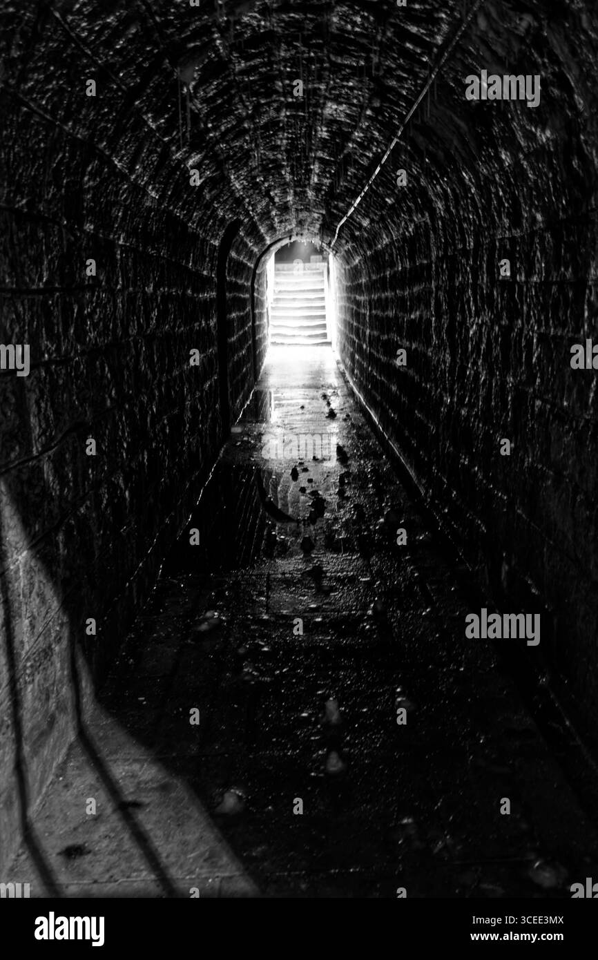 Verdun, Frankreich, 27. Juli 2025: Unterirdischer Tunnel im Inneren der Festung Fort Douaumont aus dem Ersten Weltkrieg, mit bogenförmigen Steinbauten, die zum Eingang führen Stockfoto