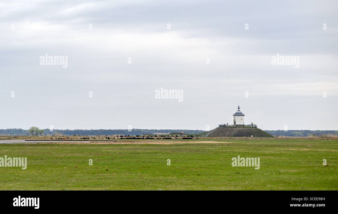HORTOBAGY, UNGARN 23. APRIL 2022 die Pastoralkapelle steht allein auf einem großen grünen Feld unter hellem Himmel. Die kleine weiße Kapelle mit dunklem Dach ist ein s Stockfoto