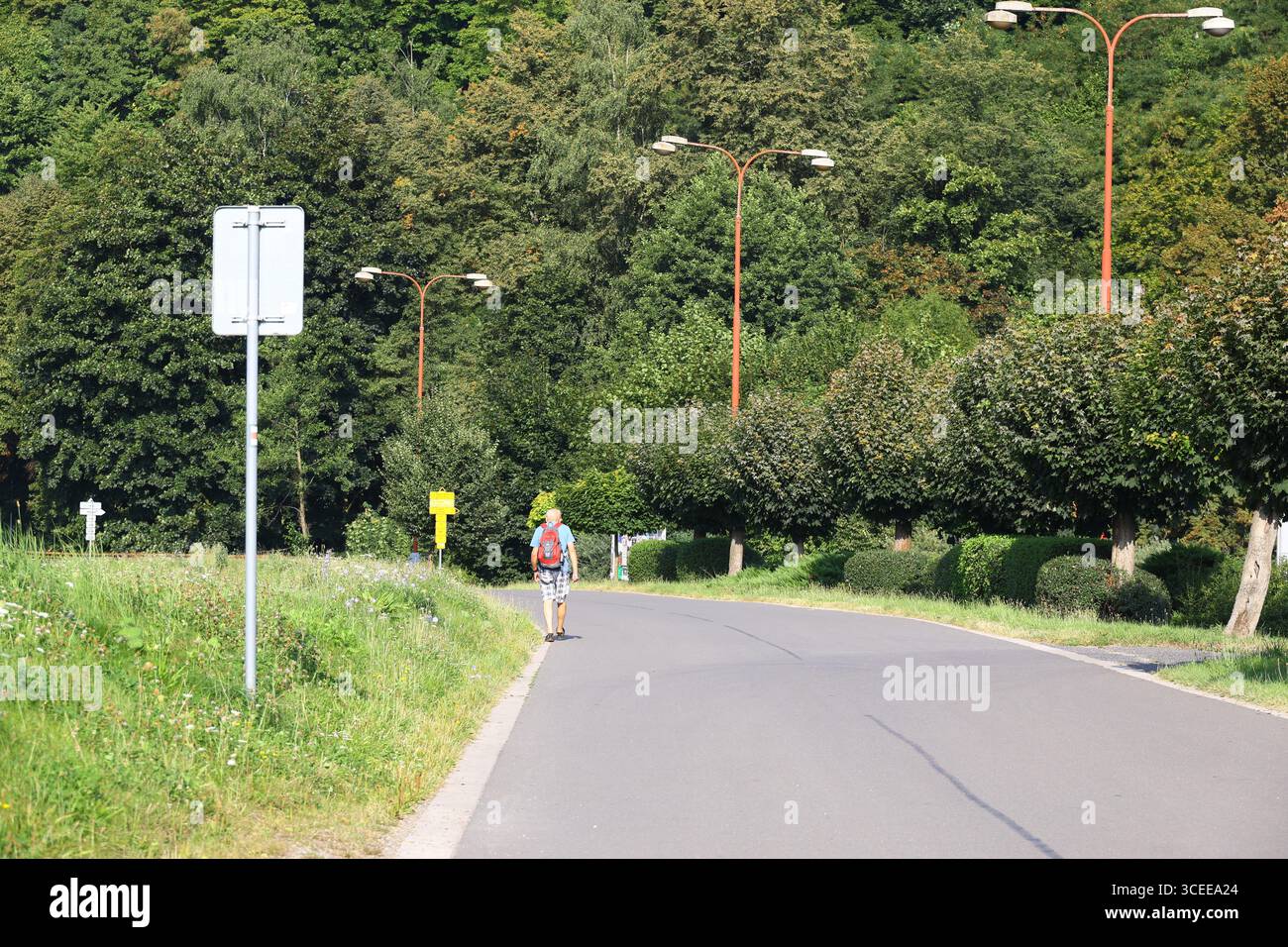 Usti nad orlici - Tschechische republik - 08162025 - Wanderer entlang einer Landstraße gesäumt von Bäumen und Lampenpfosten Stockfoto
