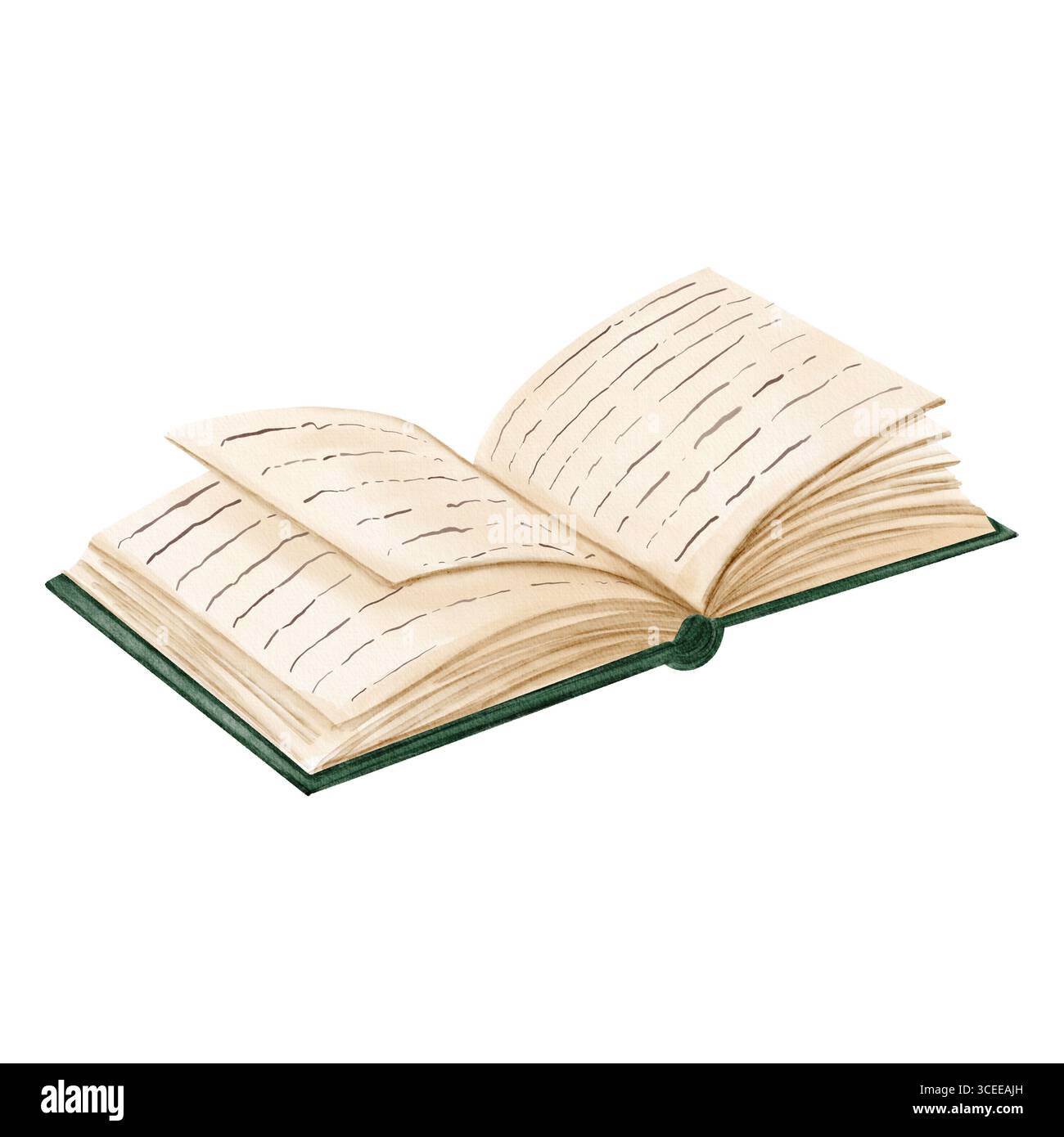 Offenes Buch mit sichtbaren Seiten und sanften Schatten, gemalt in sanftem Aquarellstil, ideal für gemütliche, literarische und lehrreiche Themen. Stockfoto