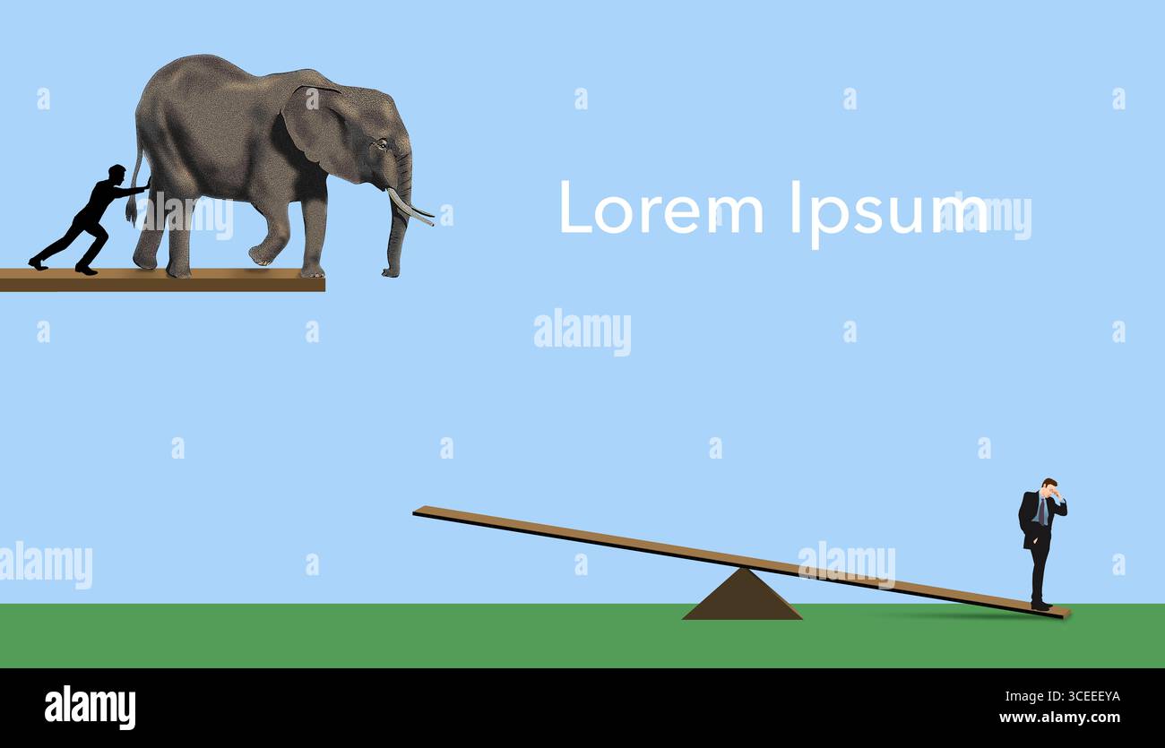 Ein Elefant wird von einem Täter von einem Felsvorsprung gestoßen, um auf einer Wippe zu landen und einen unschuldigen Mann in die Luft zu katapultieren. Stockfoto