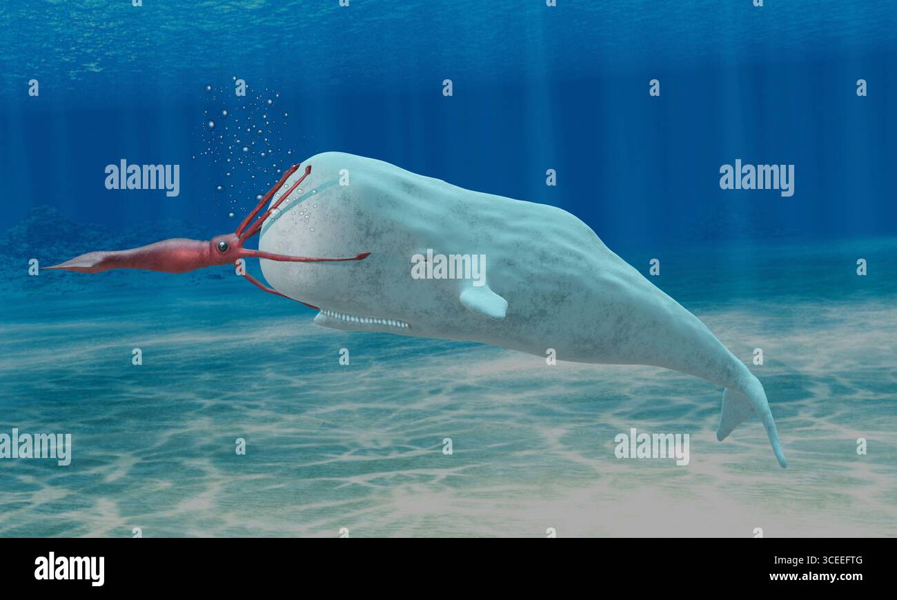 Pottwale jagen einen Riesenkalmar – 3D-Illustration Stockfoto