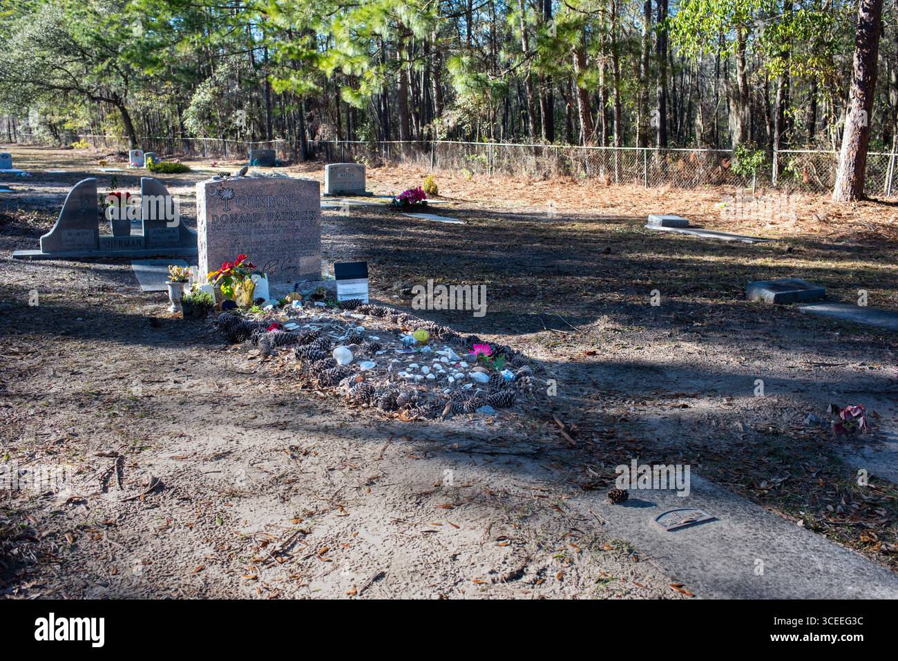 Das Grab des berühmten Autors Pat Conroy befindet sich in den Saint Helena Memorial Gardens am Ernest Drive auf Saint Helena Island, South Carolina. Stockfoto
