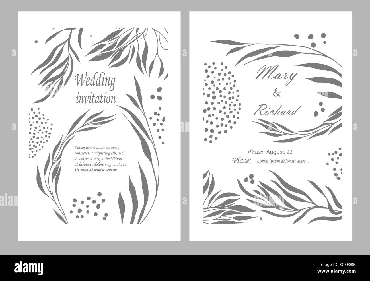 Wunderschöne Hochzeitseinladungskarte mit Zweigen und Blumen. Handgezeichnet. Nicht AI, Vektorillustration Stock Vektor