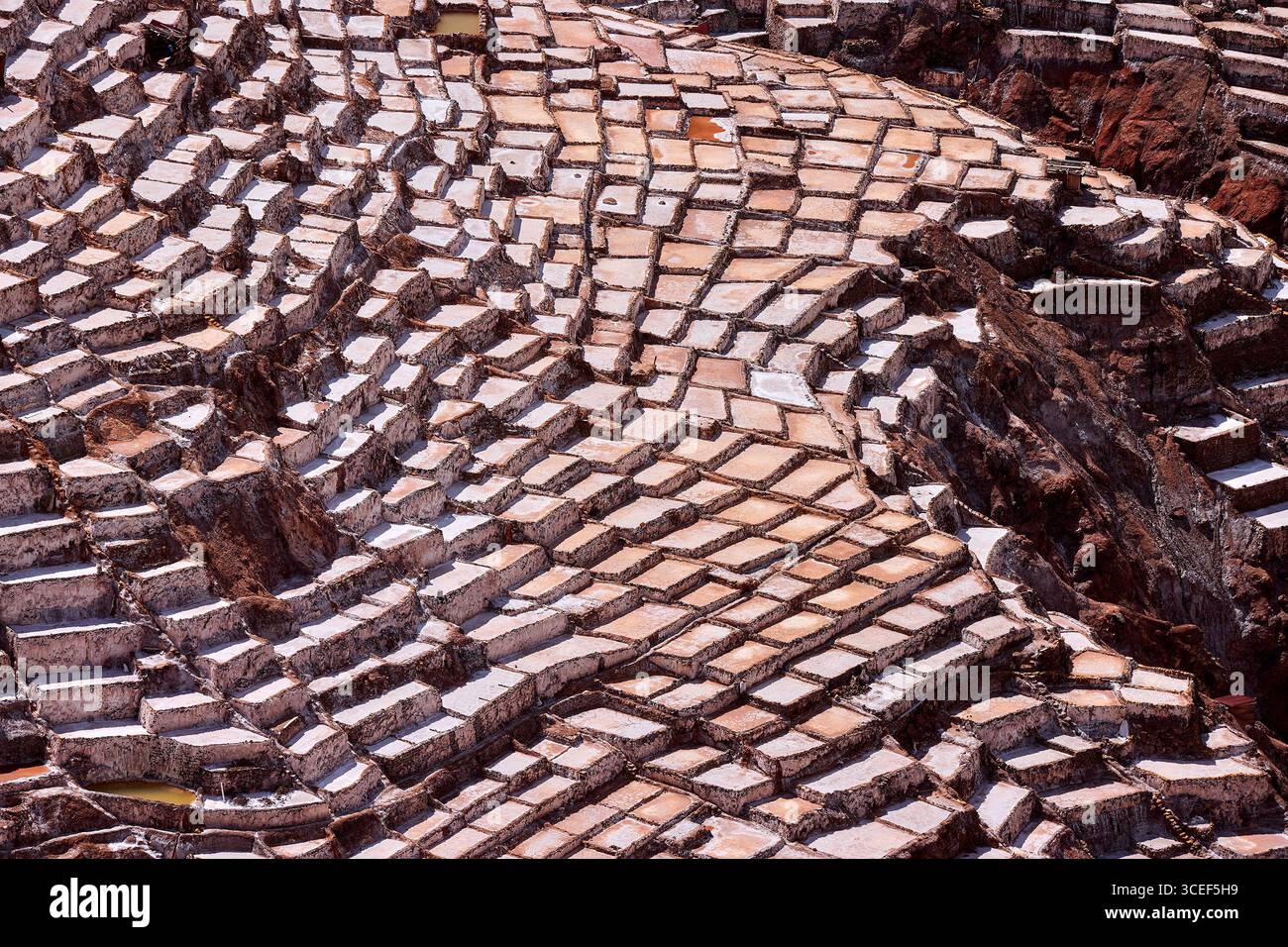 Die Salzminen von Maras, bekannt als die Salineras, sind ein atemberaubender und einzigartiger Anblick. Diese terrassenförmig angelegten Salinen werden seit der Präinka verwendet Stockfoto