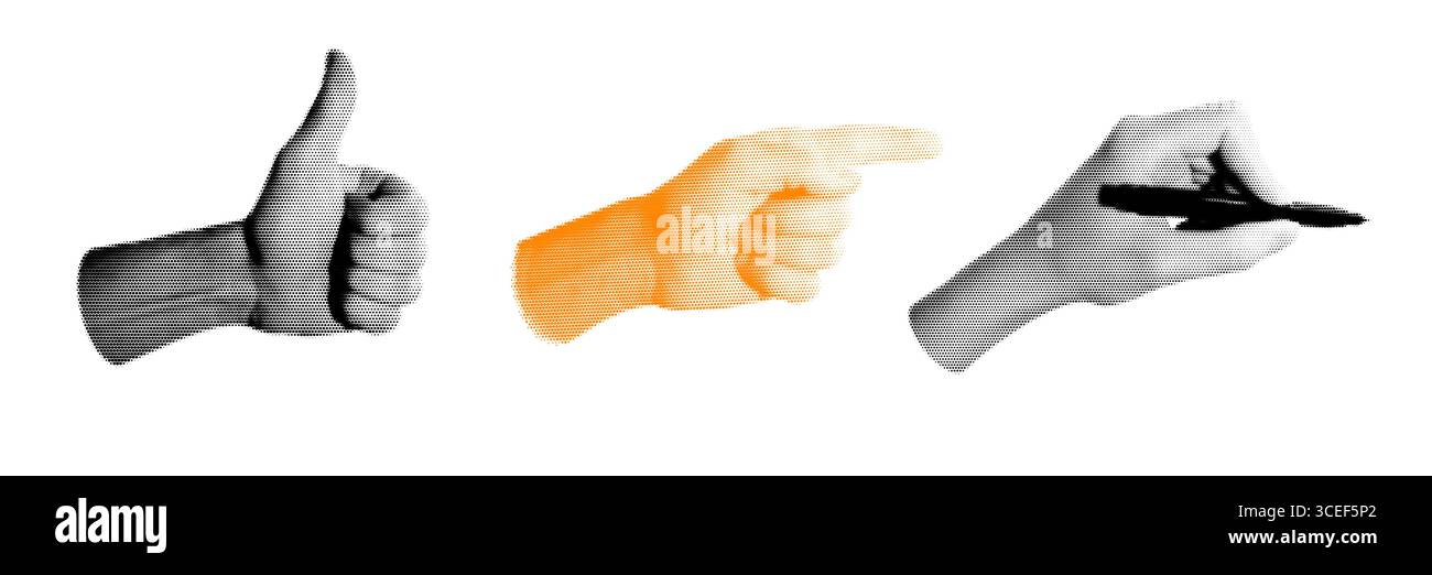 Satz von Halbtonbildern der Hände. Illustration im Pop-Art-Retro-Stil Stock Vektor