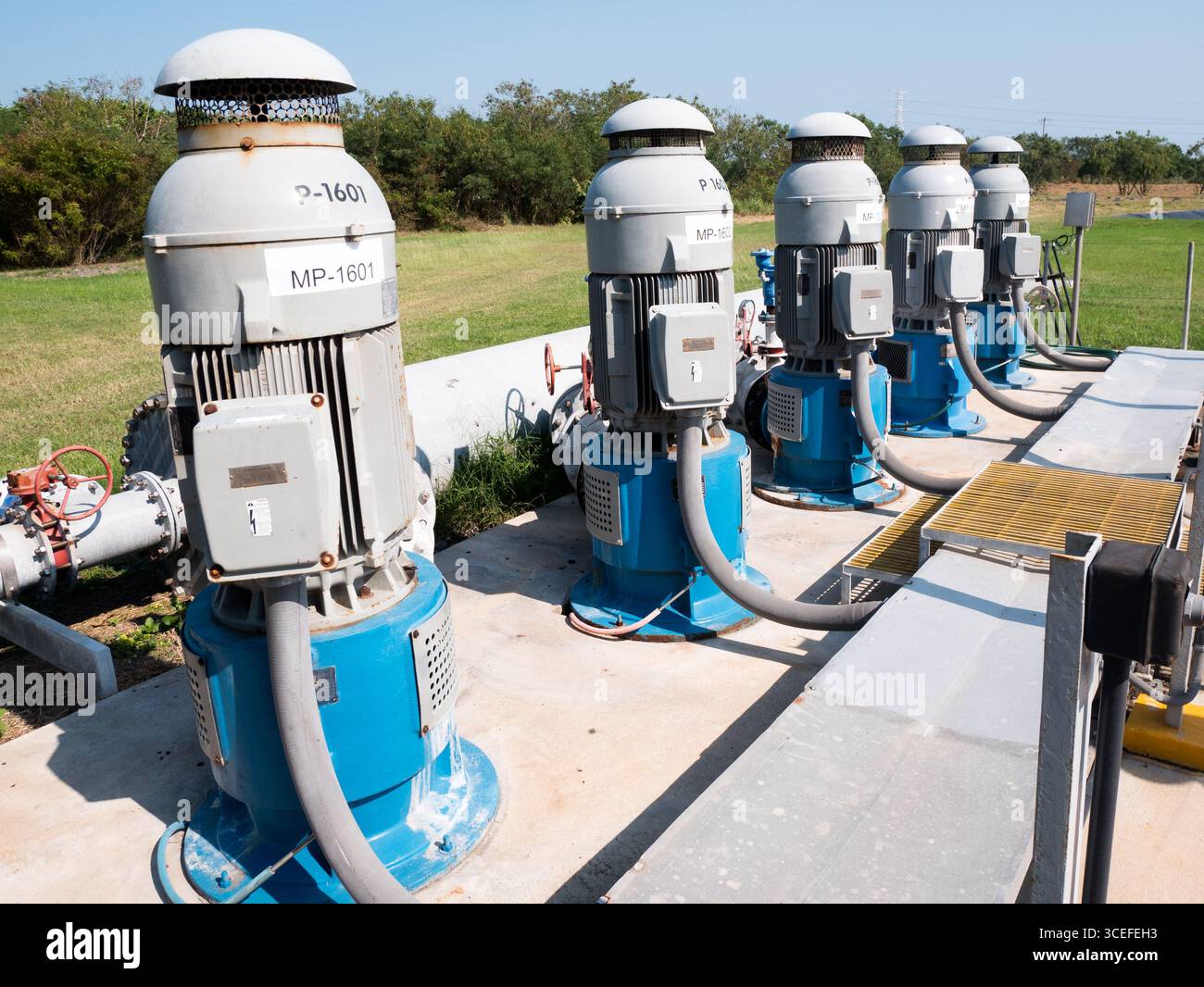 Reihe von fünf vertikalen Wasserpumpen für den Transport von aufbereitetem Abwasser in einer Anlage in Mexiko Stockfoto