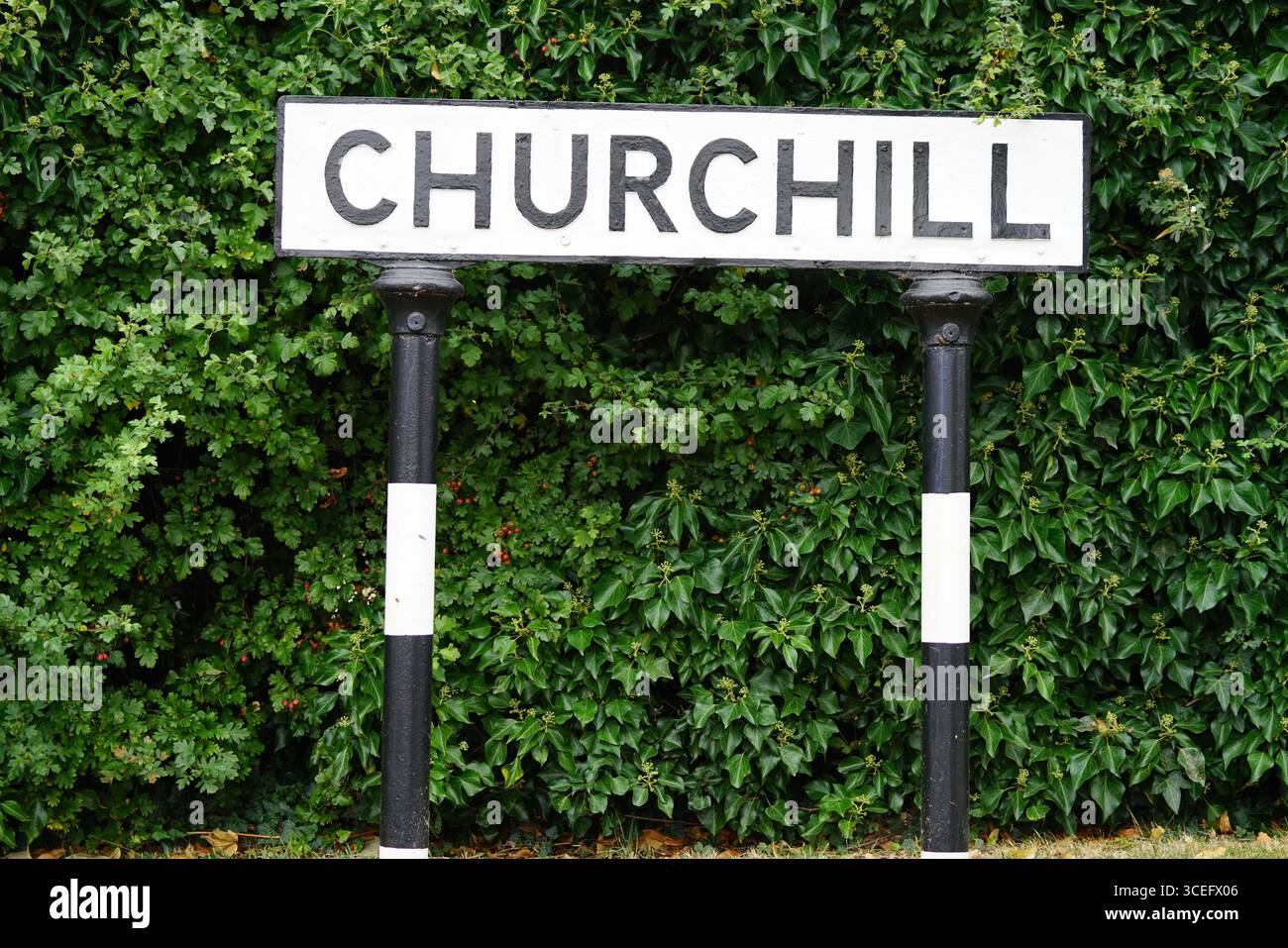 Schild Mit Churchill-Namen Vor Üppig Grünem Hedge-Hintergrund. Churchill, England Stockfoto