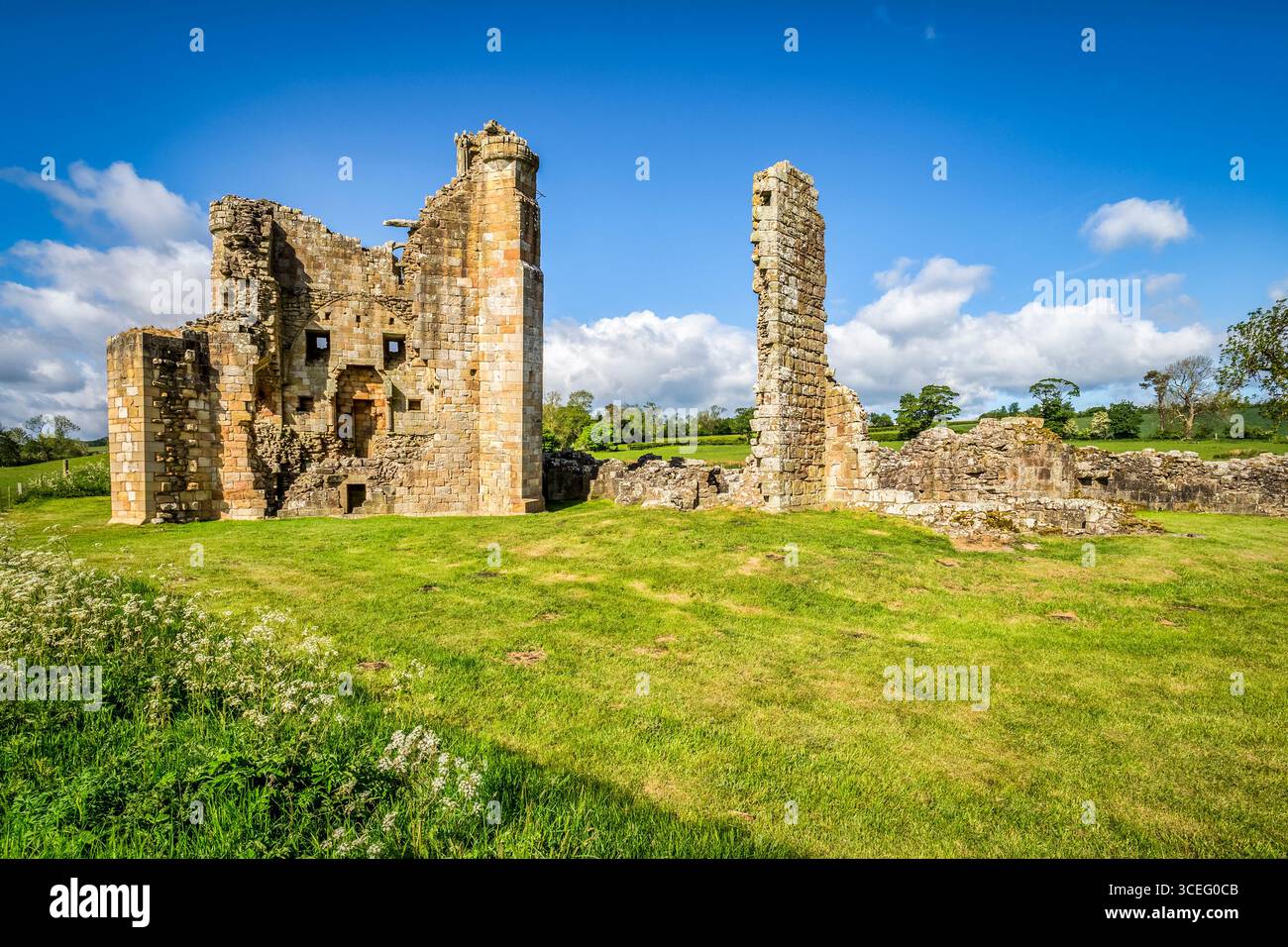 Überreste von Edlingham Castle, einem befestigten Herrenhaus in Northumberland Stockfoto