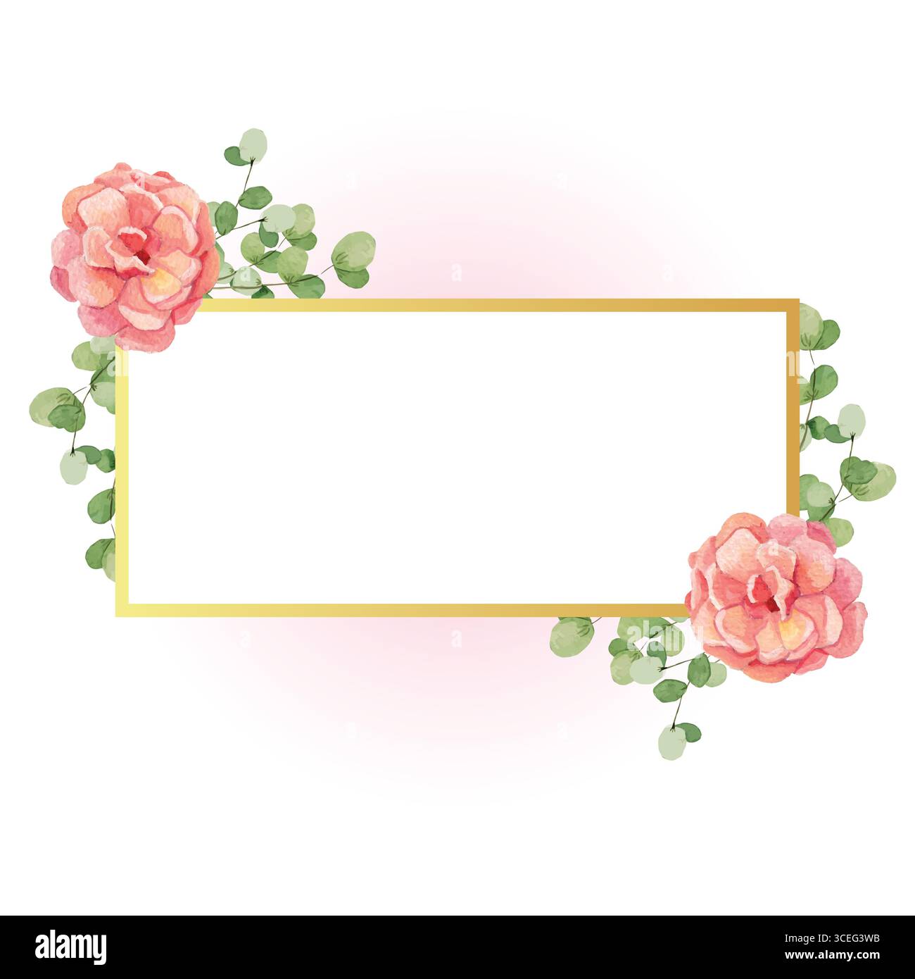 Rosa felicia großes rosafarbenes Aquarell mit goldenem Rahmen. Niedliche Kartenschablone mit romantischem Blumenmuster. Anordnung von Blumen mit Blättern Hintergrund für in Stock Vektor