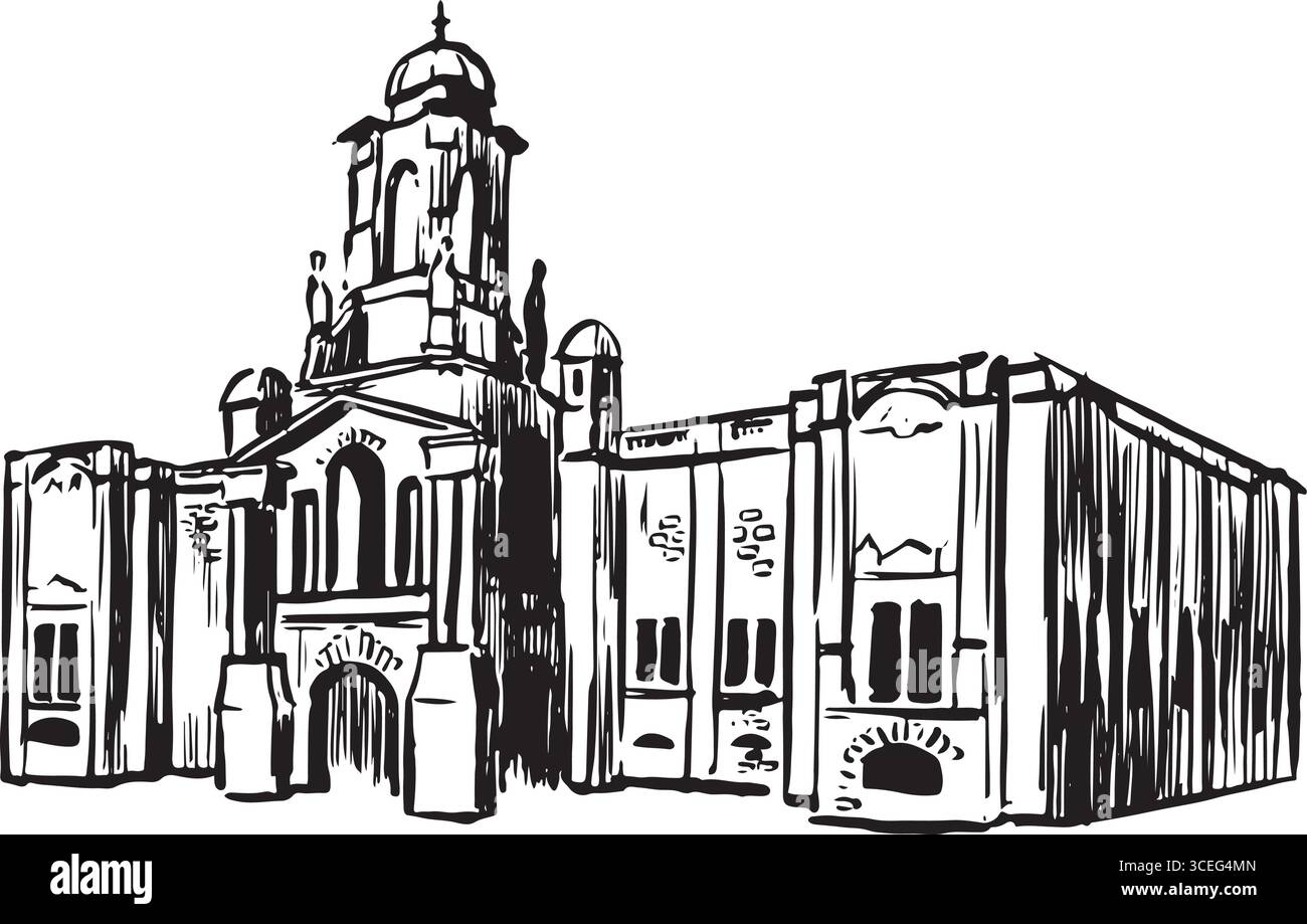 Detaillierte Tuschzeichnung eines klassischen Kuppelgebäudes mit ornamentalen Fenstern und Fassade. Ideal für pädagogische Zwecke, Vintage-Dekor, architektonische Plakate Stock Vektor