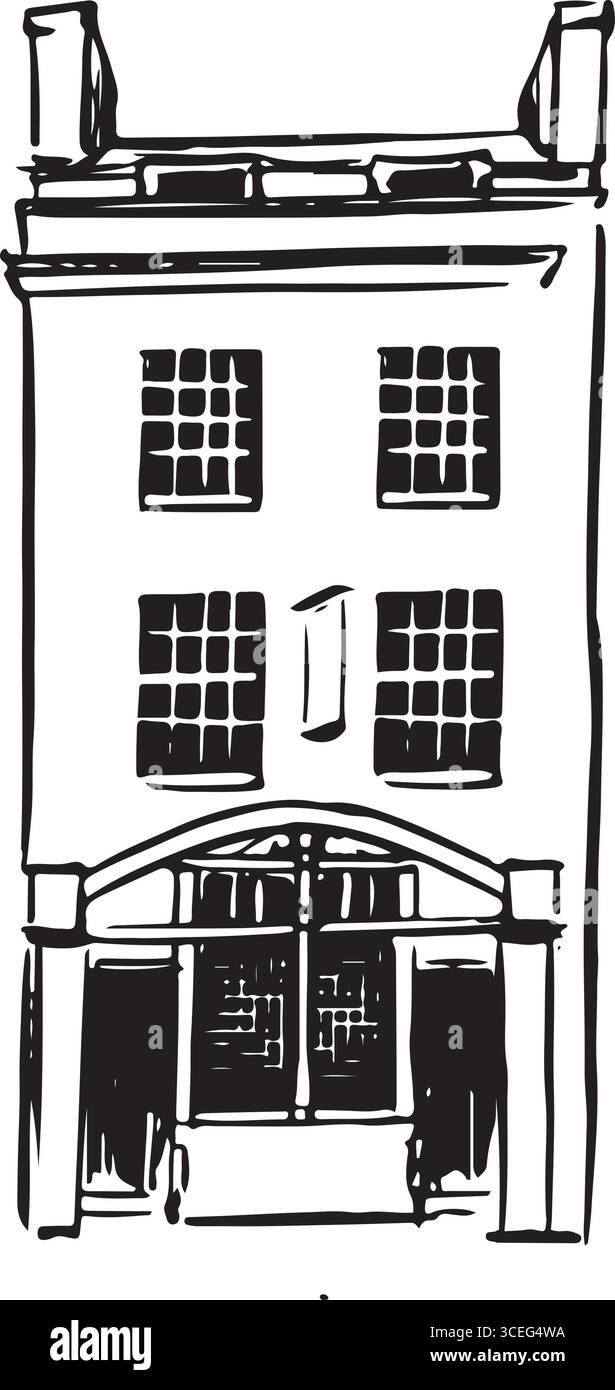 Handgezeichnete Skizze eines kleinen traditionellen gasthauses mit großen Fenstern und einem einfachen Giebeldach. Perfekt für kulturelle Drucke, Dekorationen, Bildungseinrichtungen, Stock Vektor