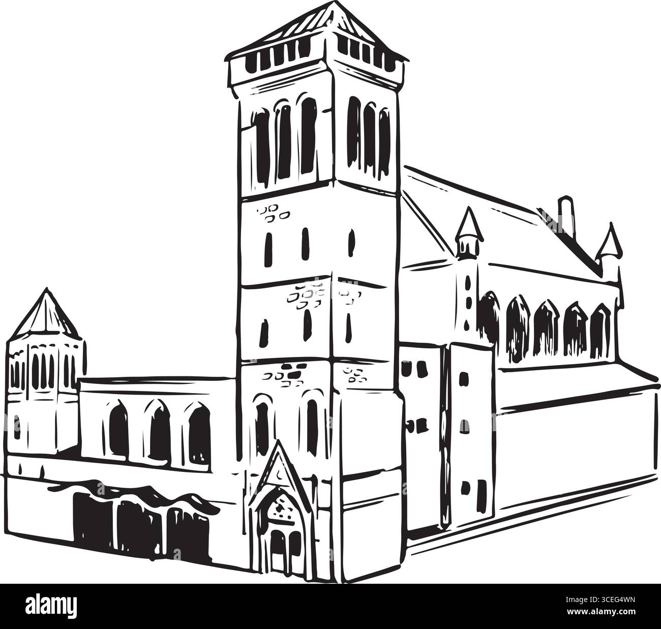 Detaillierte Schwarzweißskizze einer Bürgerhalle mit großem Turm, gotischen Bögen und klassischem Design. Ideal für Architekturdrucke, Bildungseinrichtungen und Stock Vektor