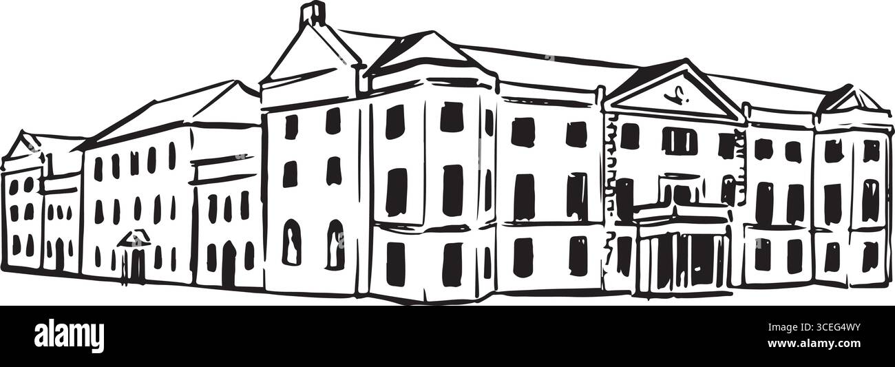 Schwarz-weiße Zeichnung eines großen Anwesens mit symmetrischem Layout und eleganter Architektur. Ideal für lehrreiche, historische oder dekorative Anwendungen Stock Vektor