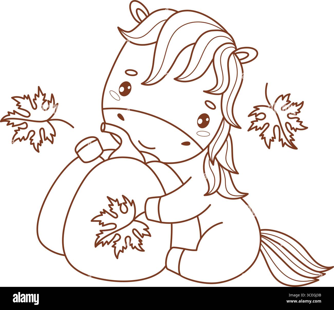 Outline Cartoon niedliches Herbstpferd mit Kürbis-Herbstblättern. Lustiges saisonales Kawaii-Tier. Linienzeichnung, Malbuch. Symbol 2026 Jahre bis östlicher Kalk Stock Vektor