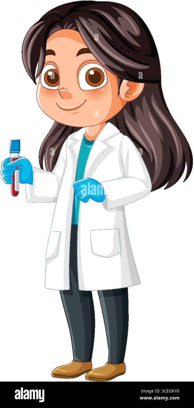 Cartoon Vektor Illustration einer Wissenschaftlerin mit langen dunklen Haaren, Handschuhe und Laborkittel, die ein Blutteströhrchen hält Stock Vektor