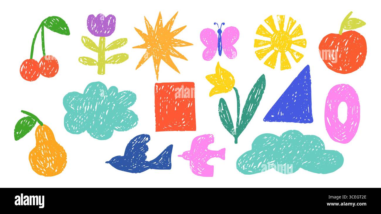 Set aus naiven, handgezeichneten bunten Holzkohle-Kritzelformen und Squiggles in kindlichem Mädchenstil. Stern, Blume, Früchte, Vögel und Wolken kritzeln Collage e Stock Vektor Set aus naiven, handgezeichneten bunten Holzkohle-Kritzelformen und Squiggles in kindlichem Mädchenstil. Stern, Blume, Früchte, Vögel und Wolken kritzeln Collage e Stock Vektor