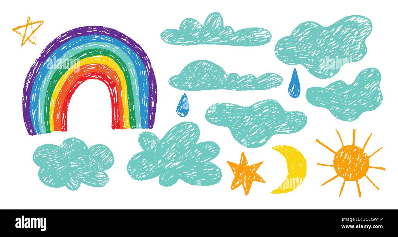 Set mit Buntstiften Doodle Wolken, Regenbogen und mehr Stock Vektor