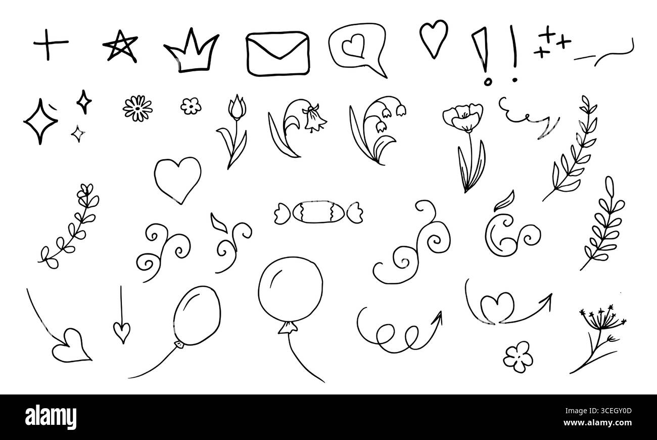 Eine Reihe von Elementen in Form einer Linie, Herzen, Blumen und Wolken, eine schwarz-weiße Skizze. Vektorabbildung. Die Zeichnung ist in einem einfachen Stil o Stock Vektor