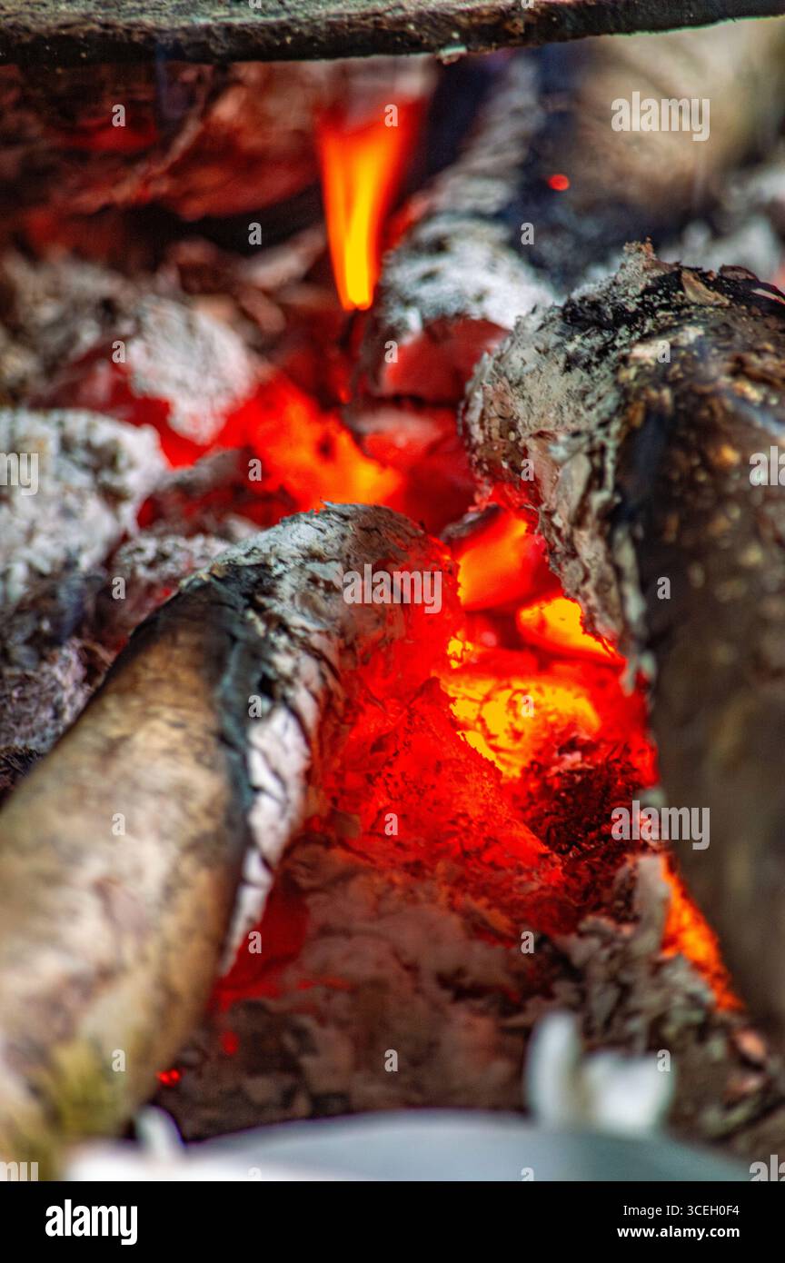 Nahaufnahme von brennendem Brennholz mit leuchtenden Flammen und glühender Glut in Putumayo, Kolumbien. Stockfoto