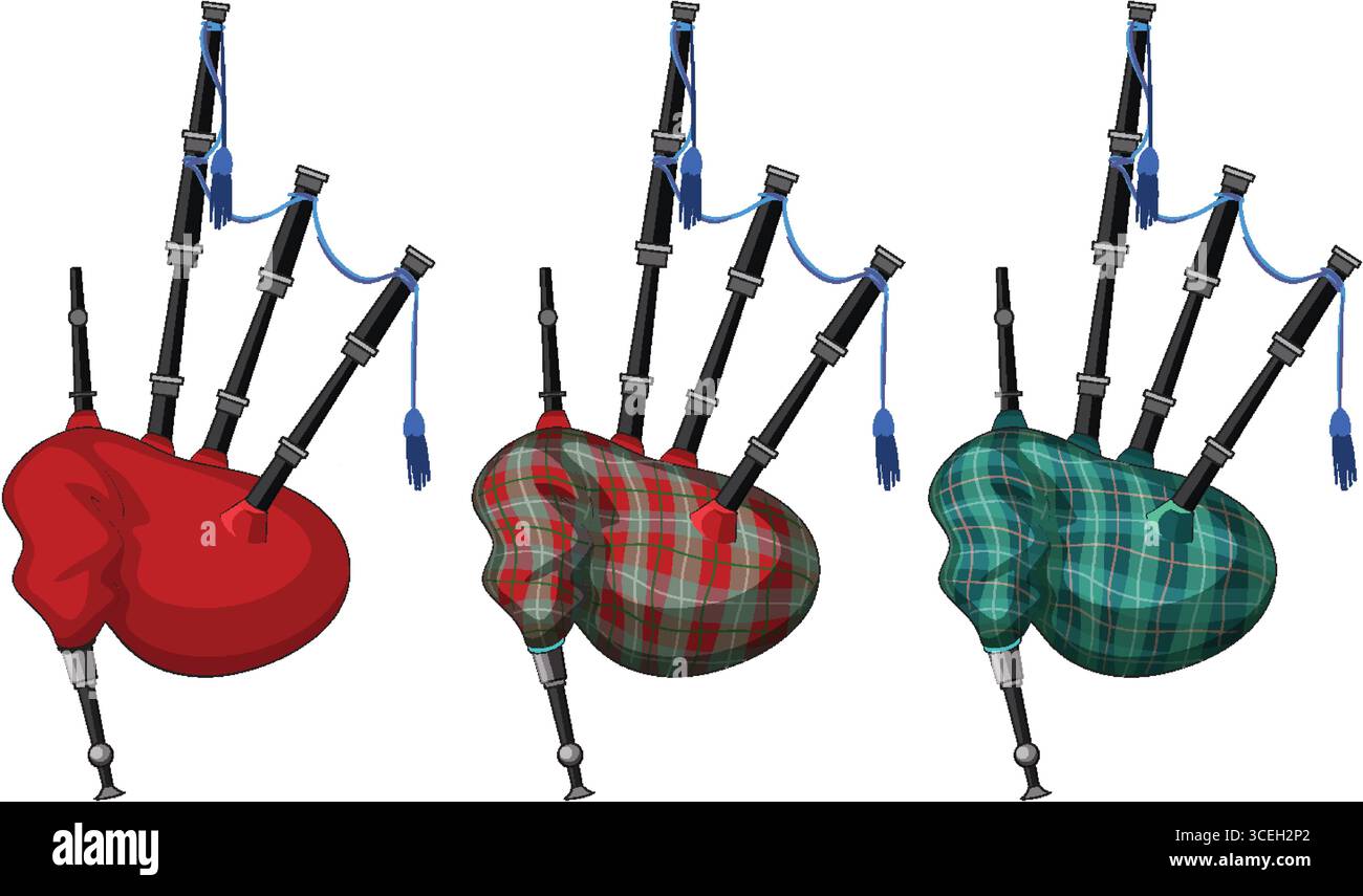 Vektor-Illustration von drei schottischen Dudelsacksack mit deutlichem Schottenmuster und massiven Deckeln, nebeneinander auf weißem Hintergrund angeordnet Stock Vektor